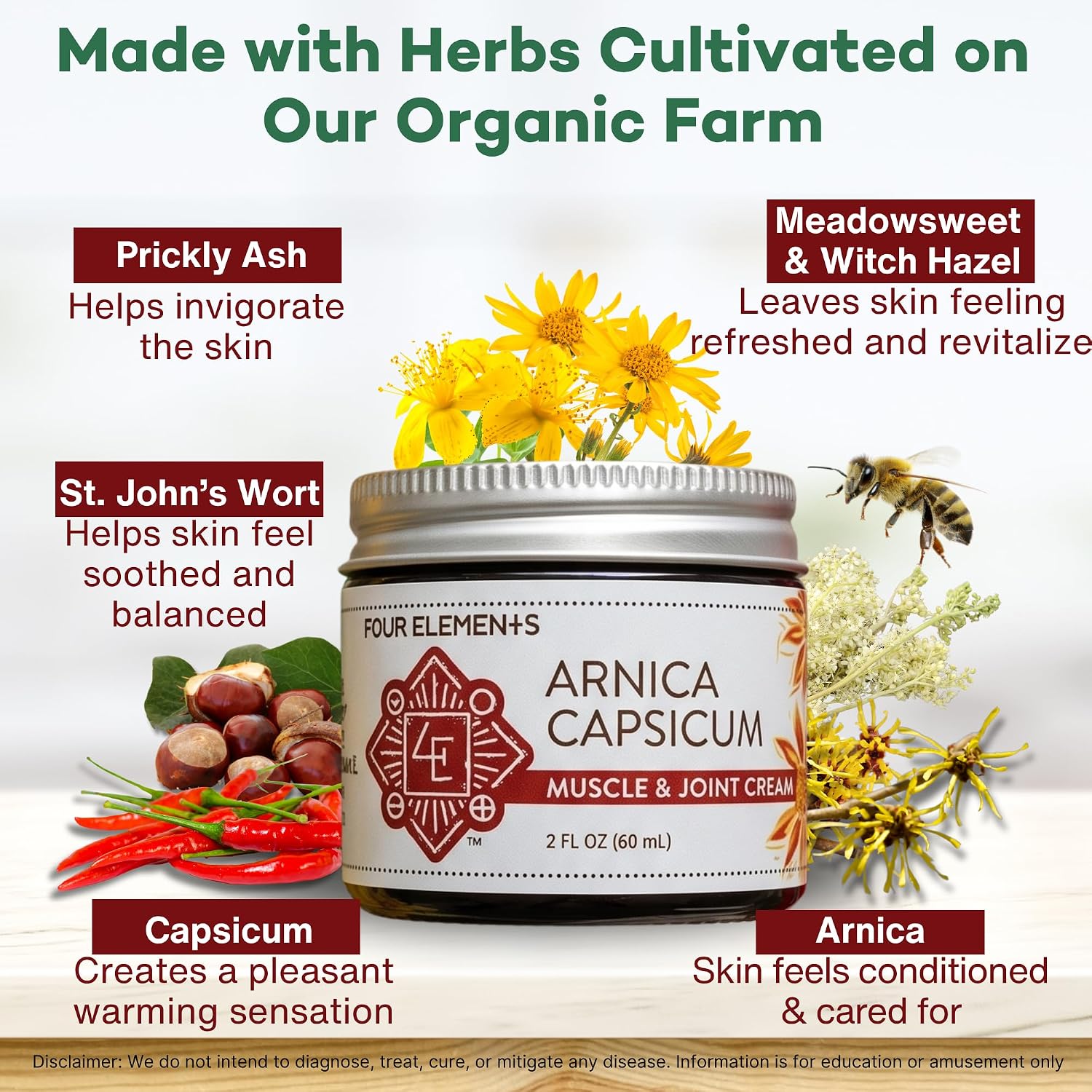 Arnica Capsicum Muscle & Joint Cream, 2 Oz | Organic Herbal Cream | With Arnica, Capsicum, St. John's Wort, Meadowsweet & Witch Hazel | USA Made Cruelty-Free Blend For All Skin Types