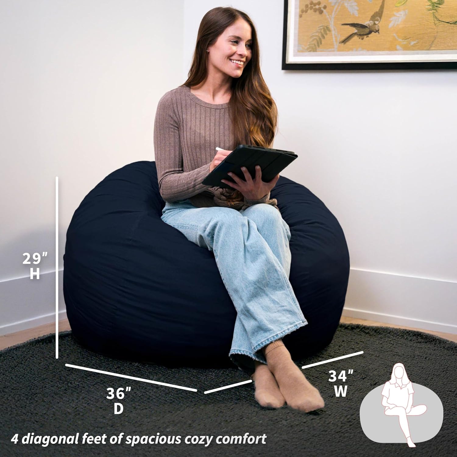 Big Joe Fuf Medium Foam Filled Bean Bag Chair with Removable Cover, Cobalt Lenox, Durable Woven Polyester, 3 feet Big