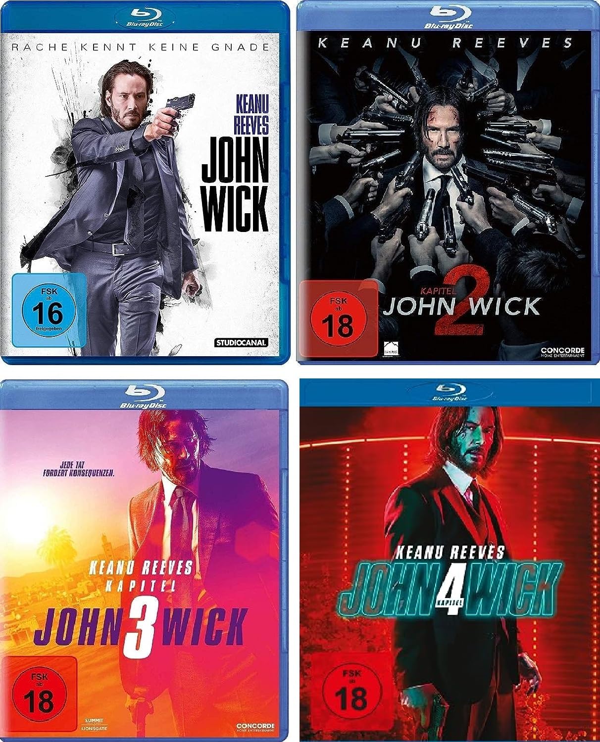 John Wick 1 + Kapitel 2 + Kapitel 3 + Kapitel 4 - (FSK 18) im Set - Deutsche Originalware [4 Blu-rays]