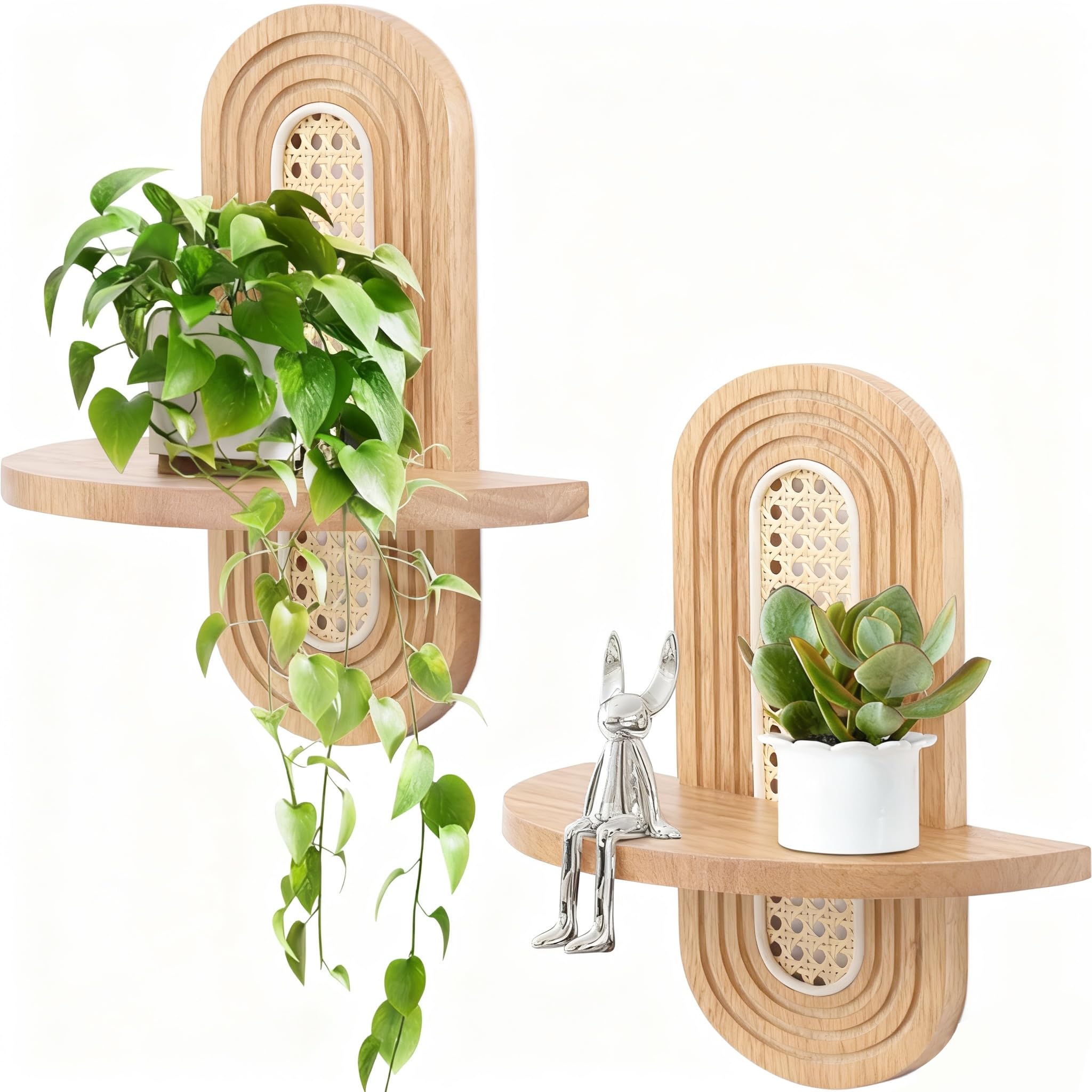 Floating Shelves for Wall, Boho Rattan Shelf Set of 2, Unique Small Decorative Shelf Wall-Mounted, Nature Wood Shelves for Living Room,Bedroom,Nursey Room (Wood)-image-40
