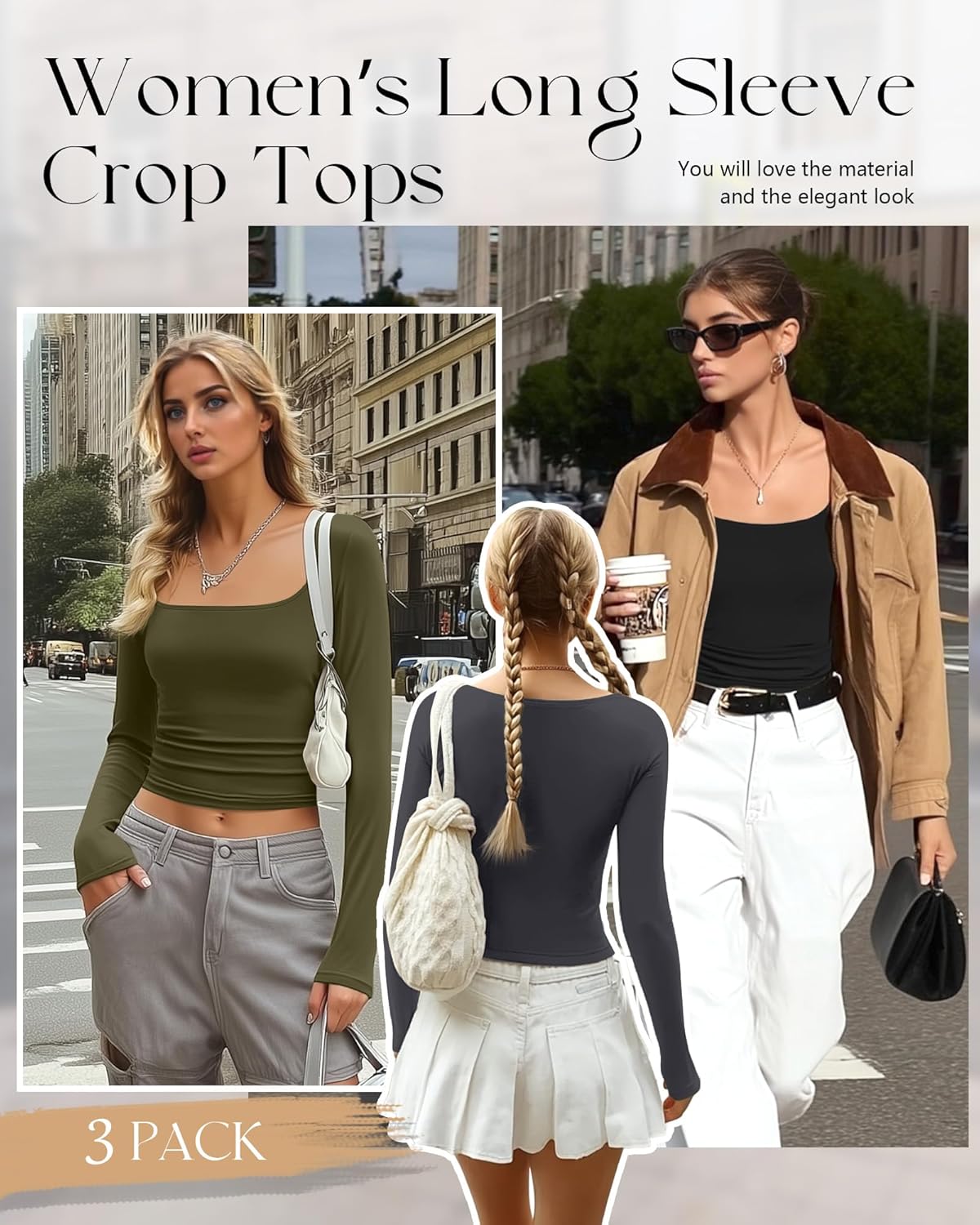 Riyiper 3 Pack Women's Long Sleeve Crop Tops, Square Neck Workout Shirts Tees Going Out Y2k Tops Basic Slim Fitted Base Layer - Image 2