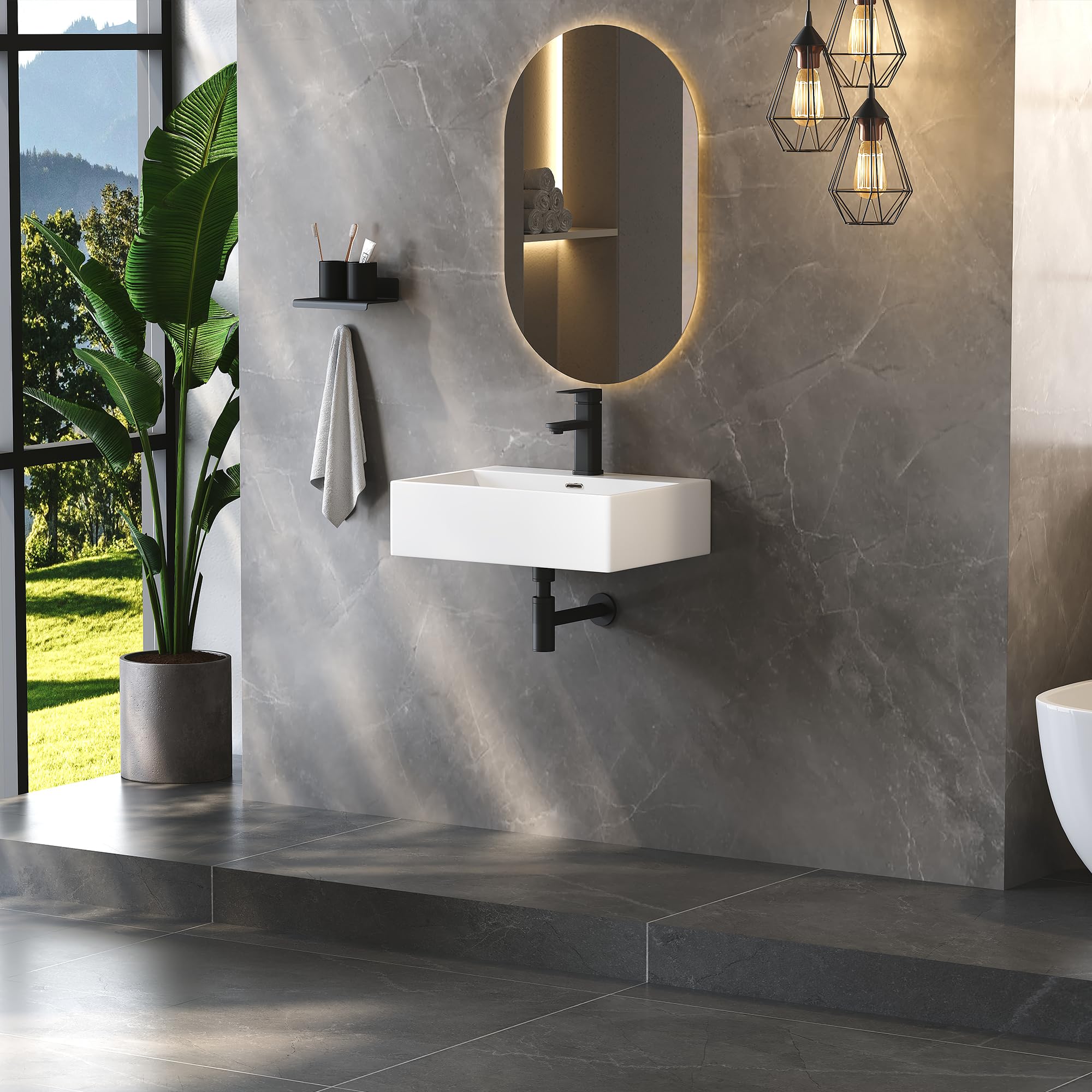 Eridanus Lavabo en céramique blanche brillante, rectangulaire à suspendre au mur pour installation sur comptoir, lavabo carré en porcelaine vitreuse pour vestiaire, évier de vasque 520 x 380 x 150 mm
