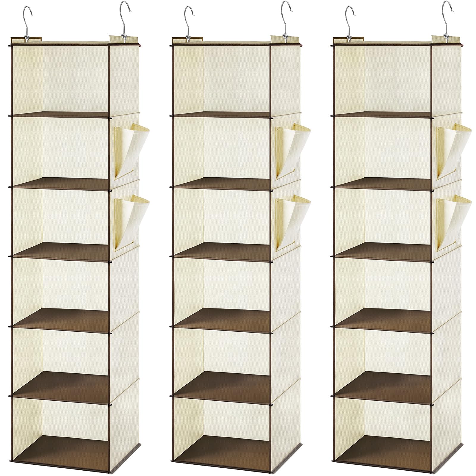 Leinuosen Regal mit 6 Etagen, Hängeregale für Schrank mit 2 stabilen Haken zur Aufbewahrung, für Wohnheim, 3 Stück, faltbar (Beige)