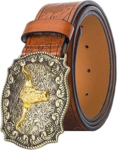 Western Cowboy PU Leather Belt - Men Waist Strap Bull Decoration Floral Engraved for Jeans 25