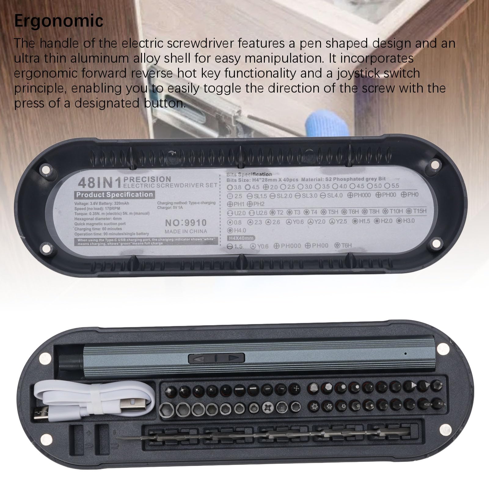 Destornillador eléctrico Kit de destornillador eléctrico inalámbrico recargable con luz LED de 45 bits 200 RPM 320 mAh para reparación de dispositivos electrónicos Mantenimiento