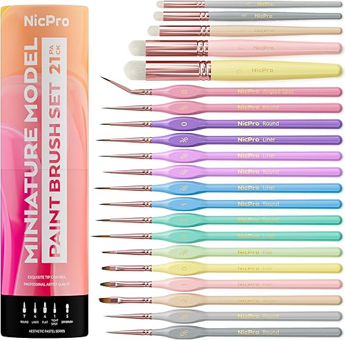 Miniatura 8 de Nicpro Juego de 10 pinceles de pintura de macarrón pastel, pequeños pinceles de microdetalles en miniatura para acuarelas acrílicas al óleo,
