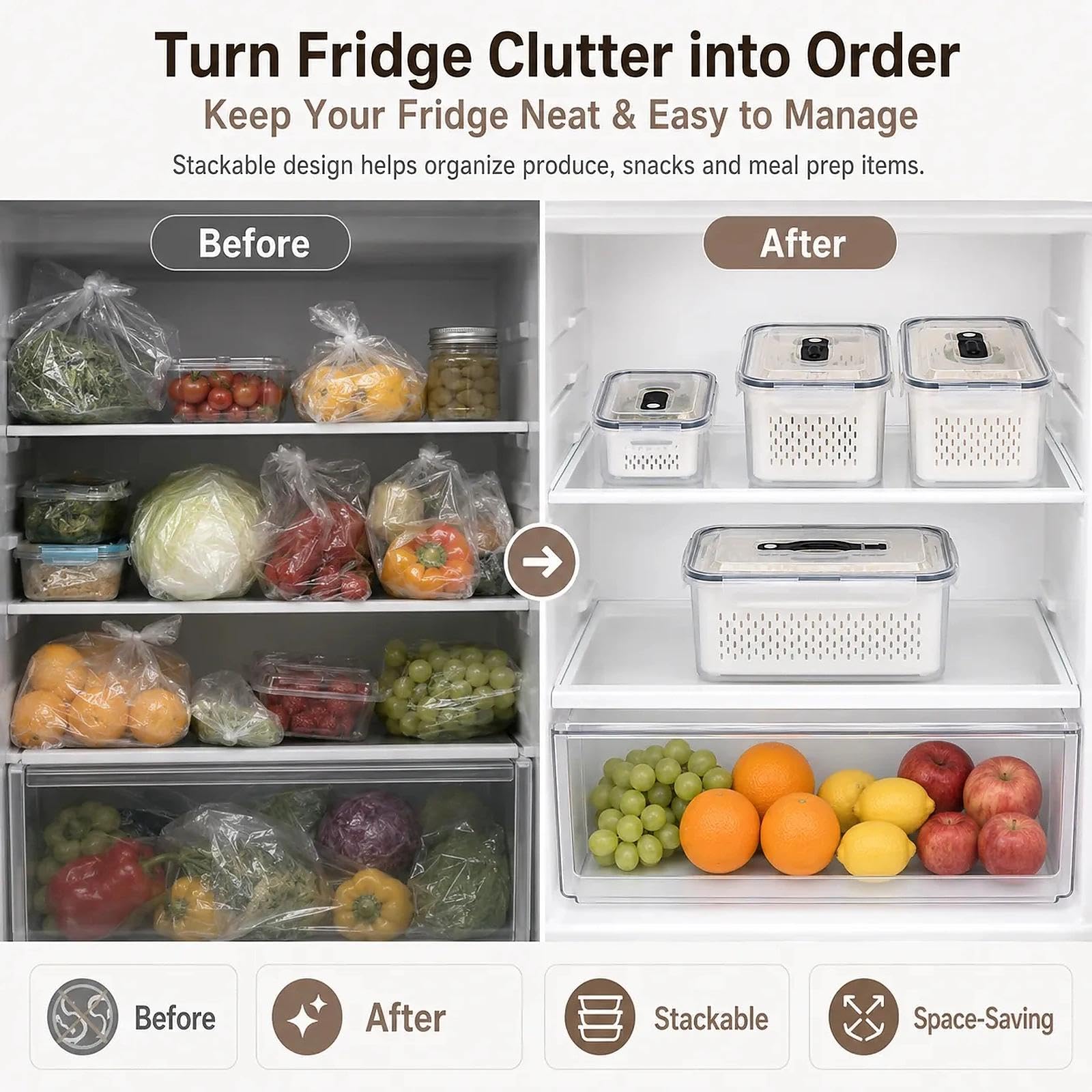 Produce Keeper - Recipientes de almacenamiento de alimentos para nevera, 4 en 1 con colador extraíble, cesta de drenaje, divisor y tapa hermética, ideal para bayas, verduras, preparación de comidas