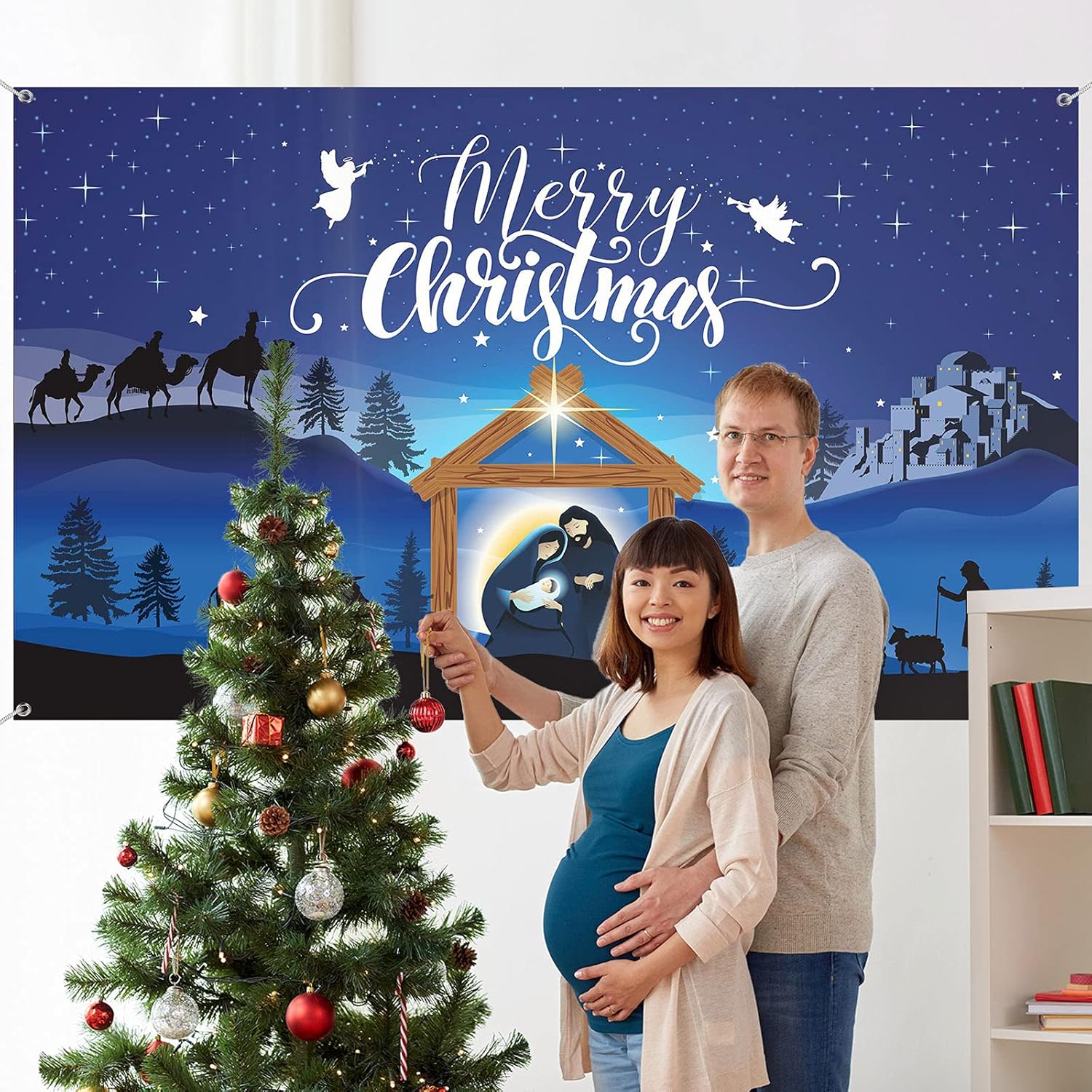 Merry Christmas Nativity Scene Banner - Large Blue Backdrop for Christmas Party Photography Booth - 72.8 x 43.3 Inch