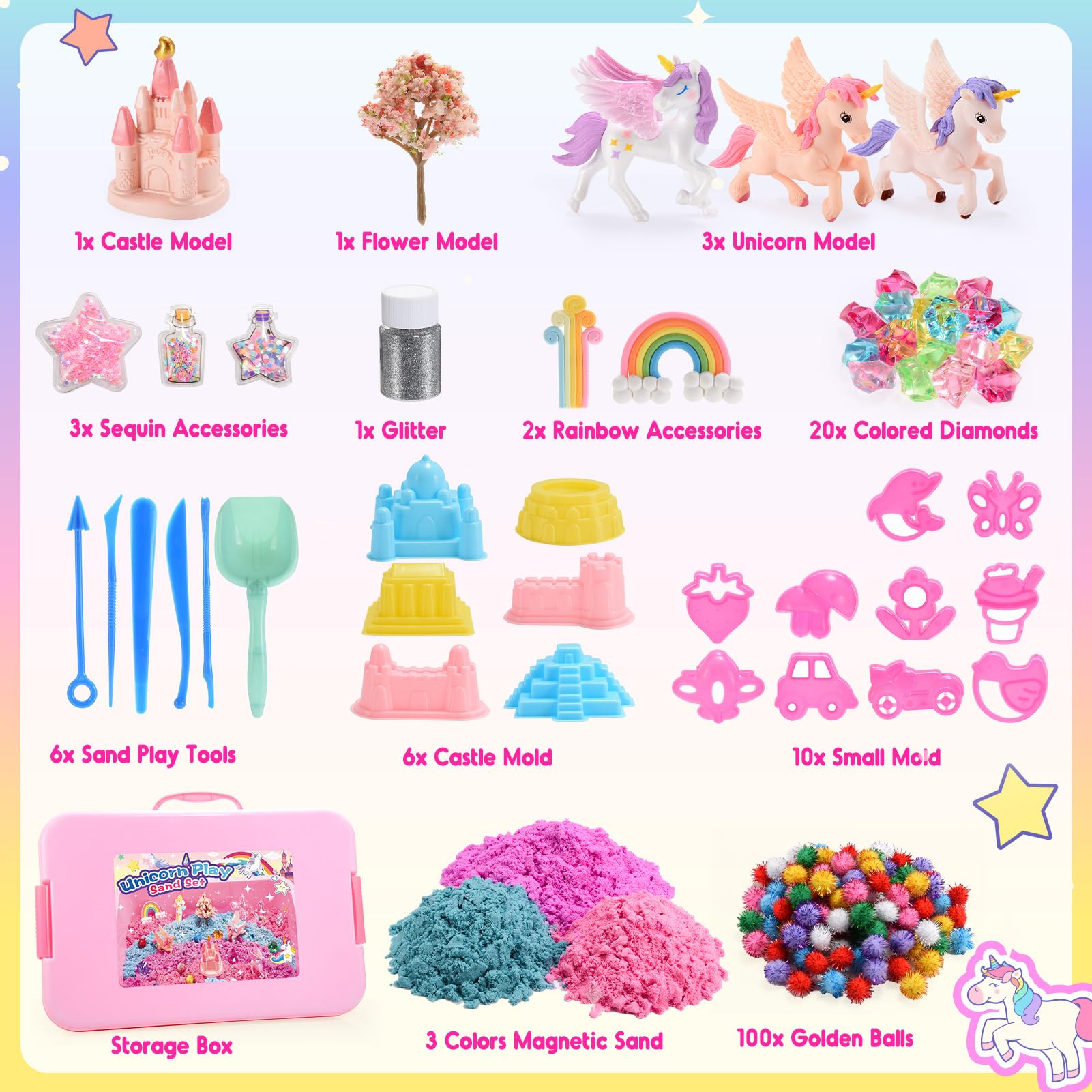 Geebiiny Sabbia Cinetica Bambini, Unicorno Bambina Regalo Giochi Bambina 3-10 anni Sabbia Magica Colorata Regalo Bambina 3 4 5 6 7 8 9 10 anni Sabbia per Sabbiera Bambini Giochi Unicorno