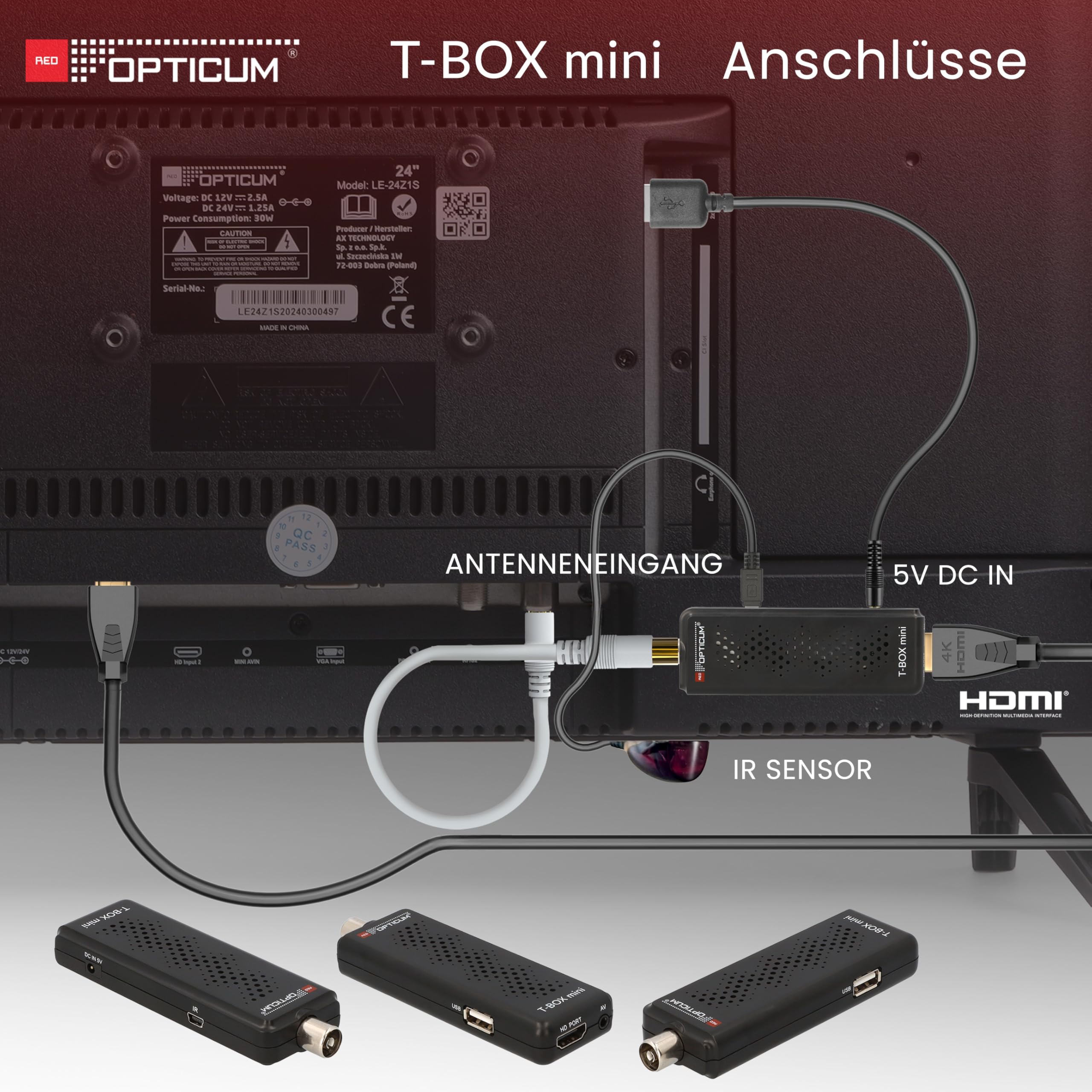 RED OPTICUM T-Box Mini DVB-T2/C Digital Full HD Receiver, H.265 HEVC, HDMI, USB 2.0, Schwarz, mit Fernbedienung, IR-Sensor, EPG, Teletext, PVR-Funktion, 115x37x17mm