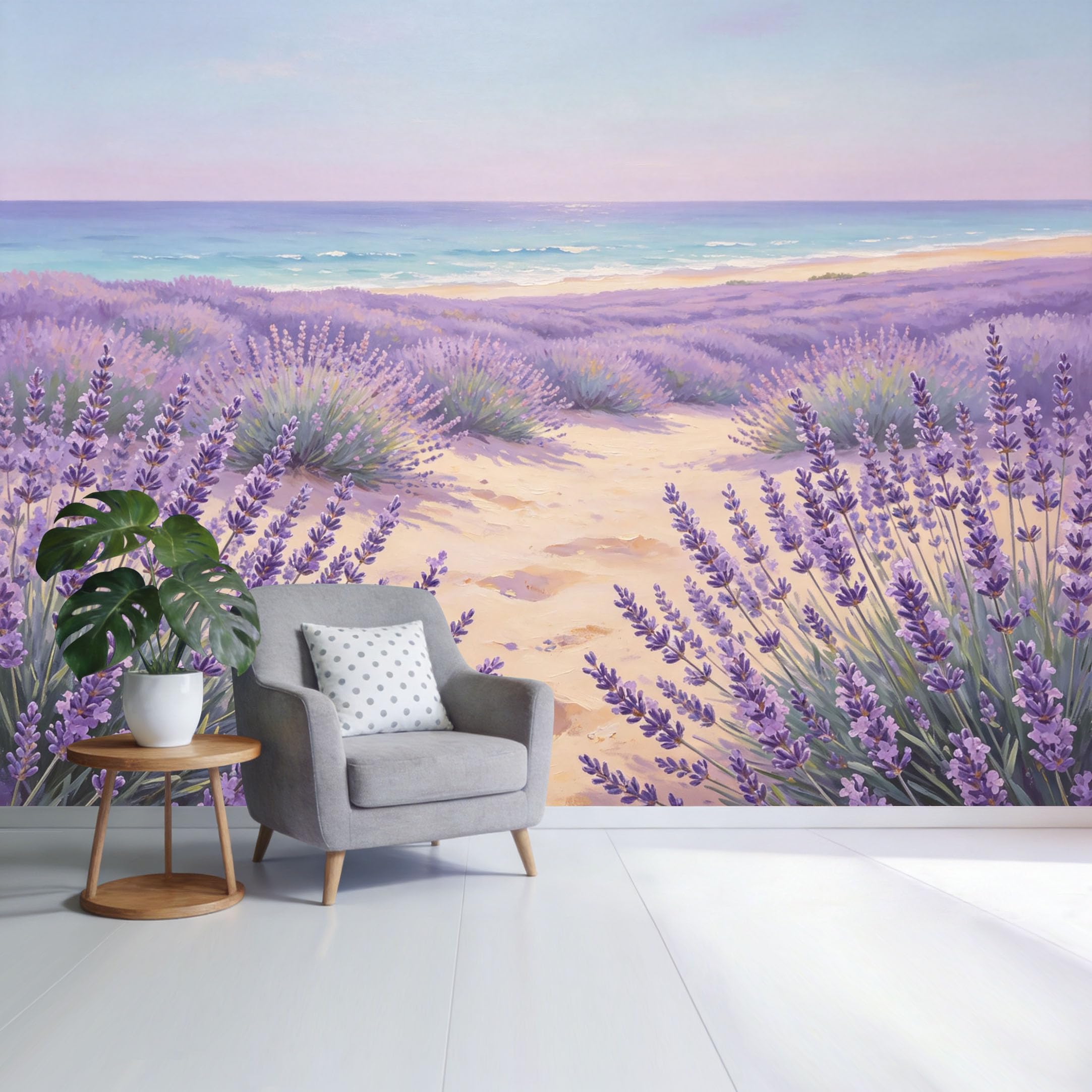 Custom Size Wall Mural Lavender Field Coastal Landscape Purple Floral Path Watercolor Style SelfAdhesive Wall Fabric Removable Wallpaper for Home Office Decor