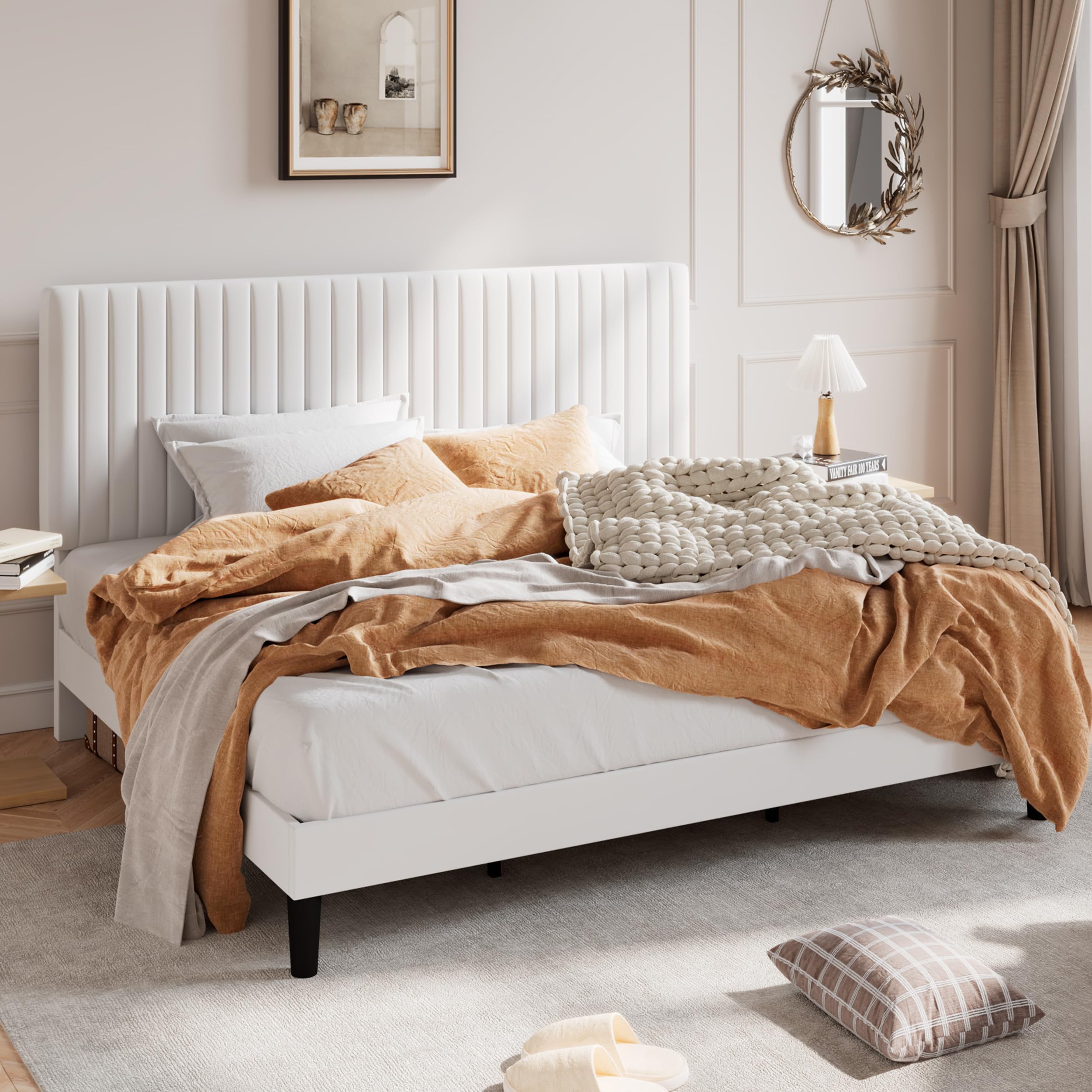 SHA CERLIN King Upholstered Platform Bed Frame with Vertical Channel Tufted Velvet Fabric Adjustable Headboard Wooden Slats Support