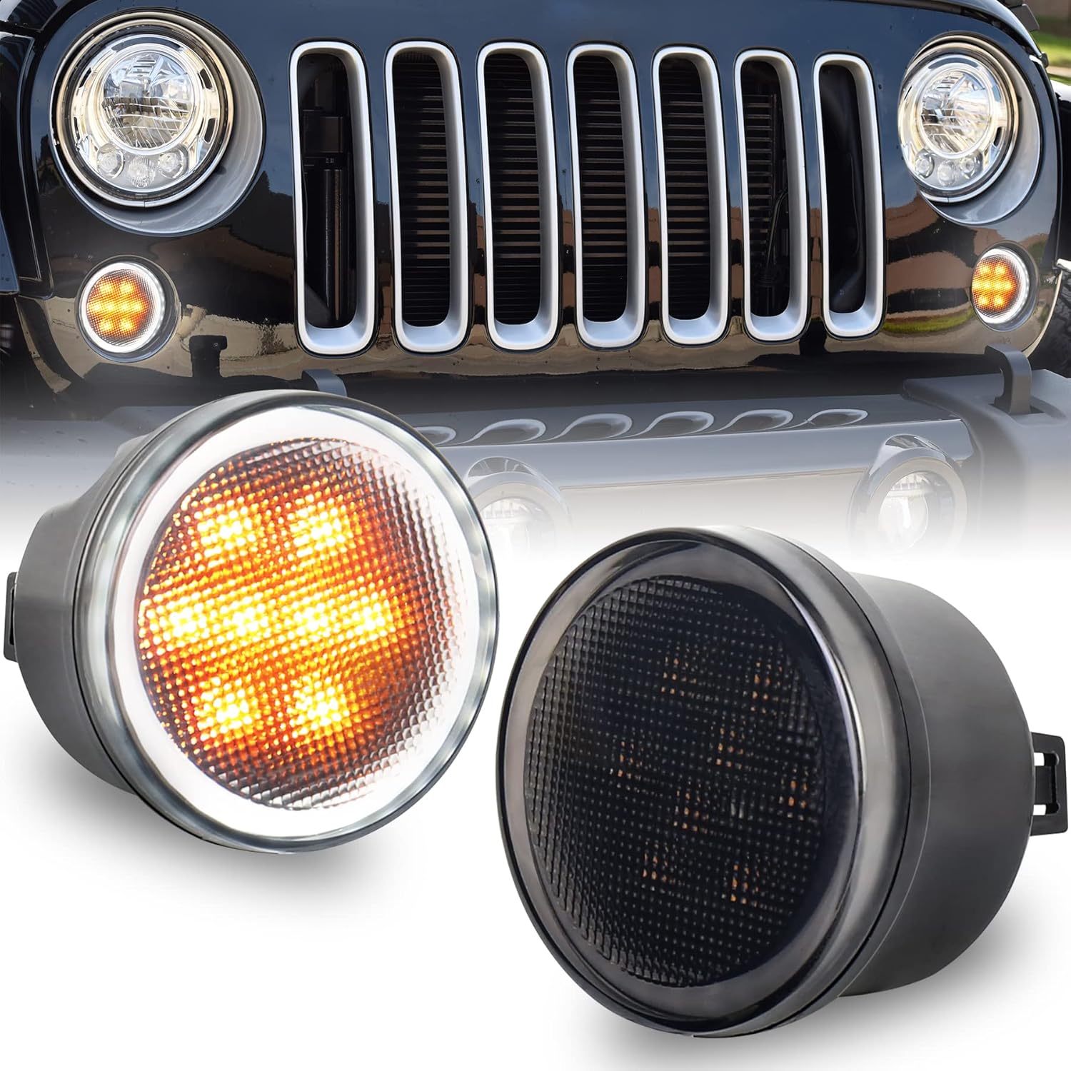 OVOTOR JK Turn Signal Lights White DRL Amber LED Front Grill Signal Parking Lights Smoke Lens Replace 2007-2017 Jeep Wrangler JK JKU
