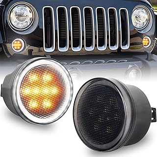 JK Turn Signal Lights White DRL Amber LED Front Grill Signal Parking Lights Smoke Lens Replace 2007-2017 Jeep Wrangler JK JKU