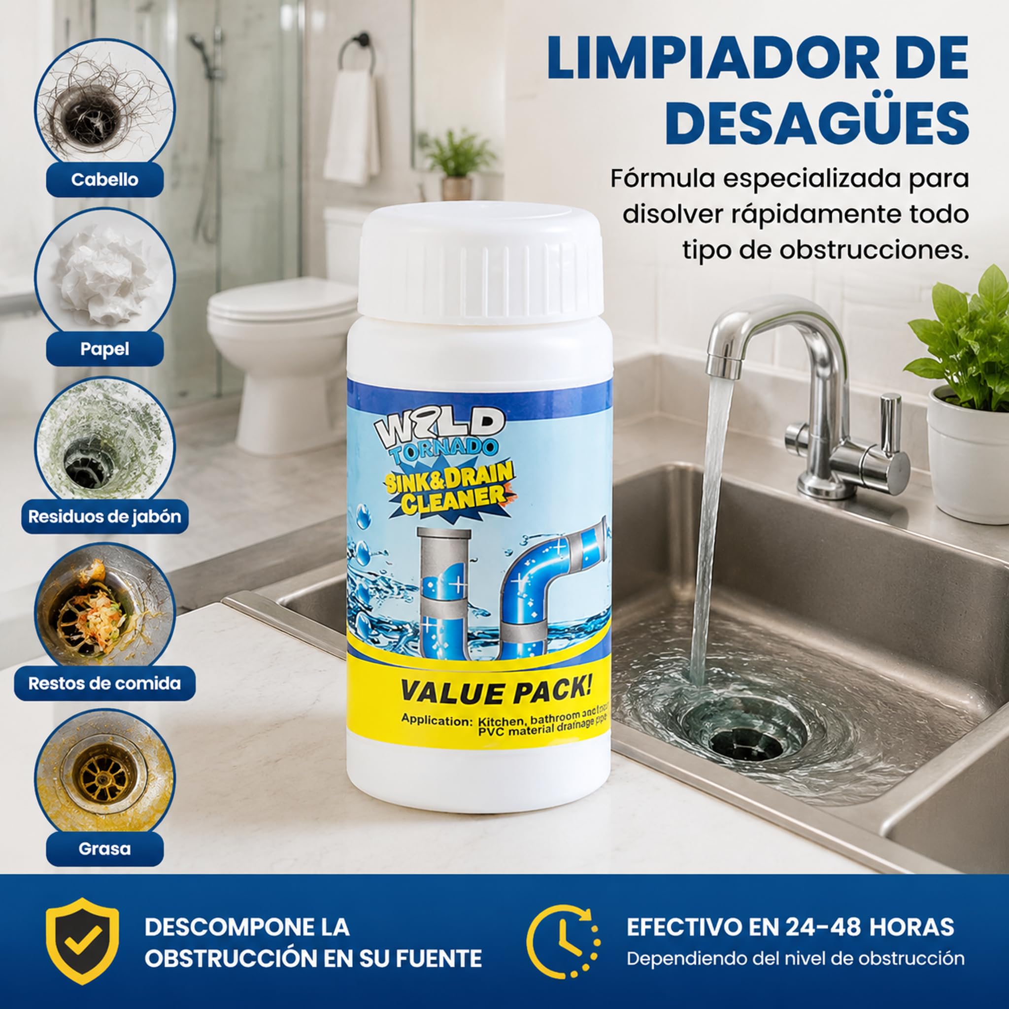 Drainelix Abflussreiniger, Leistungsstarker Abflussreiniger Für Toiletten, Küchen, Badezimmer Und Duschen – Wirksam Gegen Haare, Papier, Seifenreste, Speisereste Und Fett (3pcs)