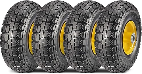 MaxAuto - Paquete de 4 unidades de neumáticos de caucho sólido de 10 pulgadas para carritos de jardín, neumáticos de 4.10/3.50-4", 2.25" cubo de