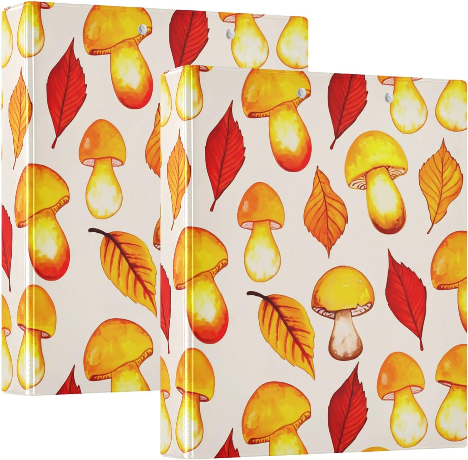 Mushrooms and Autumn Leaves 3 Ring Binders, 1.5” Round Ring Binders with Clipboard - Letter Size, 3 Interior PVC Clear Pockets & Anti-Slip Clip for Office School Supplies, 2PCS