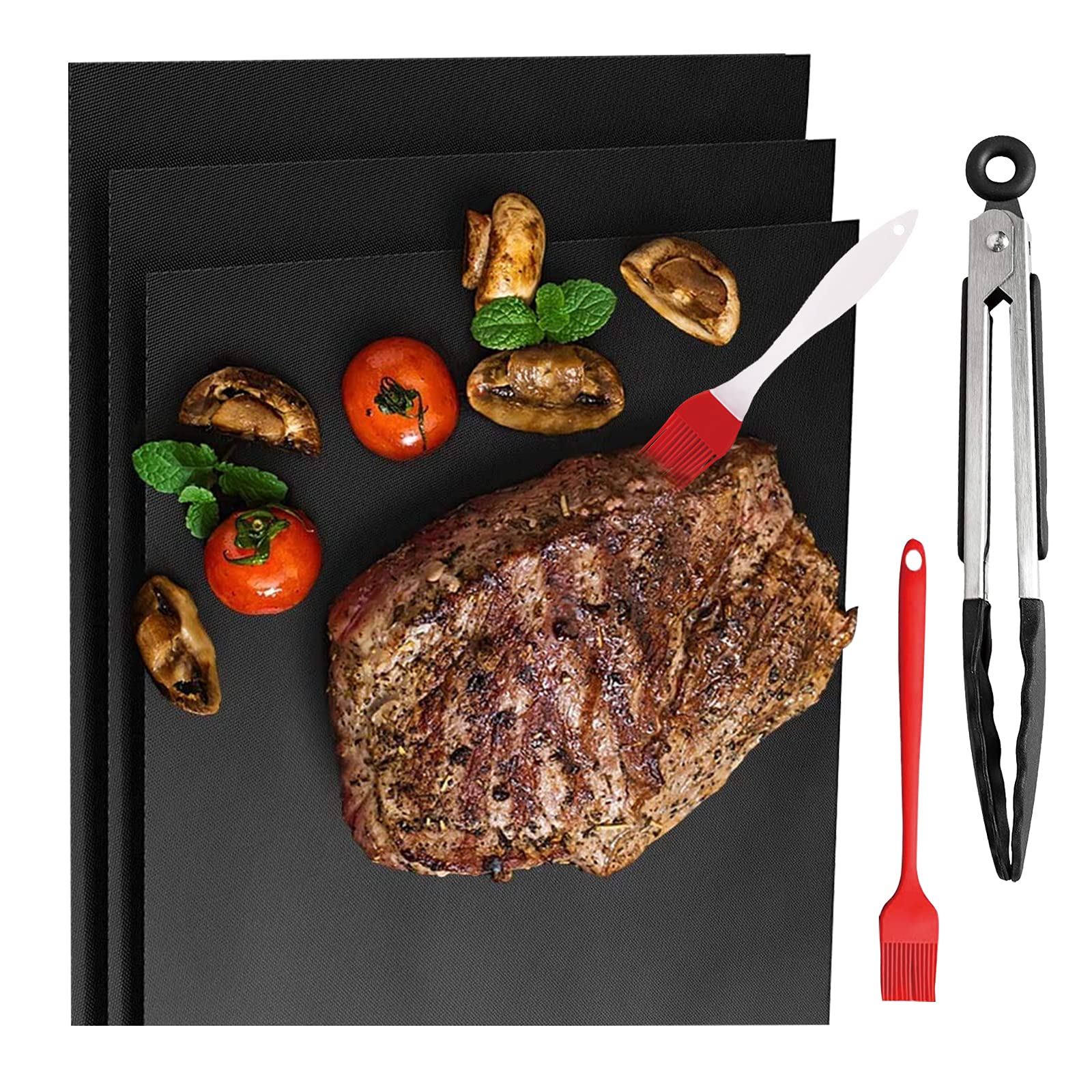 Grill Mat Set - Barbecue BBQ Grilling Accessories Kit，with 3 Thicken BBQ Grill Mats, 2 Silicone Oil Brush, 1 Food Tongs, Non Stick, Reusable and Easy to Clean
