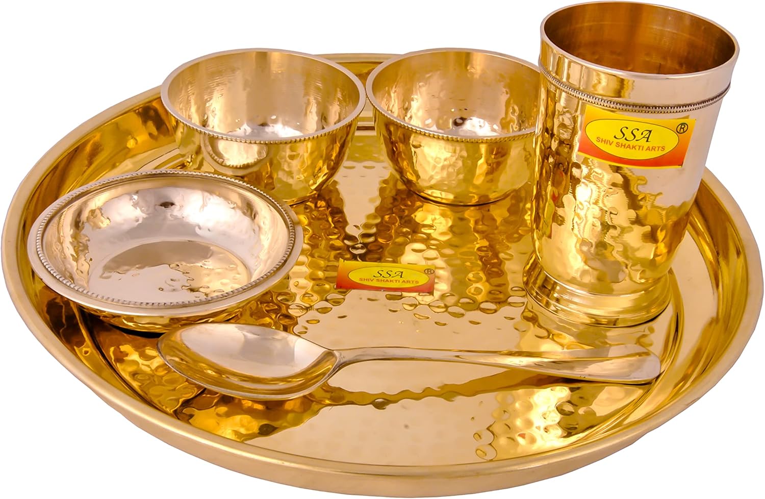 Shiv Shakti Arts® Pure Brass Thali Set | Dinner Set | Premium Hammer Design - 6 Pieces Brass Dinnerware Set, for Gifting Diwali Special.