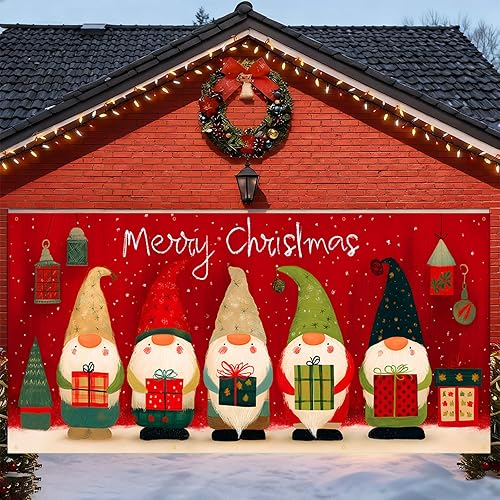 Miniatura 18 de Pancarta navideña para puerta de garaje, escena nocturna de invierno de 6 x 13 pies con camión retro de Papá Noel, decoración grande de vacaciones