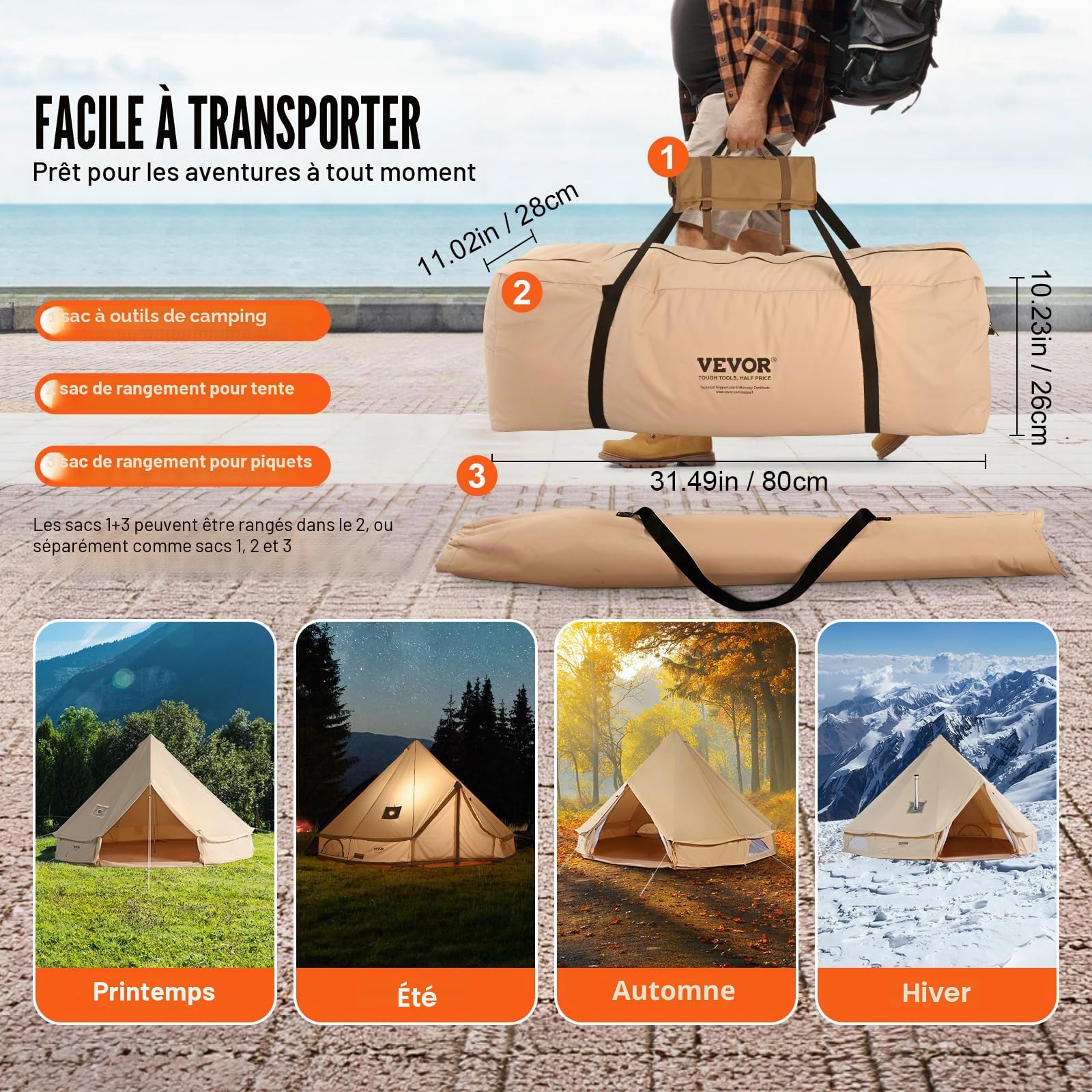 VEVOR Tente Cloche en Toile Tente de Yourte 4 Saisons Tente de Camping Familial avec Trou de Poêle à Bois, Sacs de Rangement pour Glamping, Groupes en Plein Air, Fête, Chasse