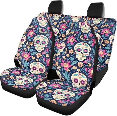 Sugar Skull Retro Car Seat Covers Full Set Universal Fit, Mexico Day of Dead Split Bench Rear Seat, Floral Skull Washable Car Seat Cover for SUV, Sedan, Van
