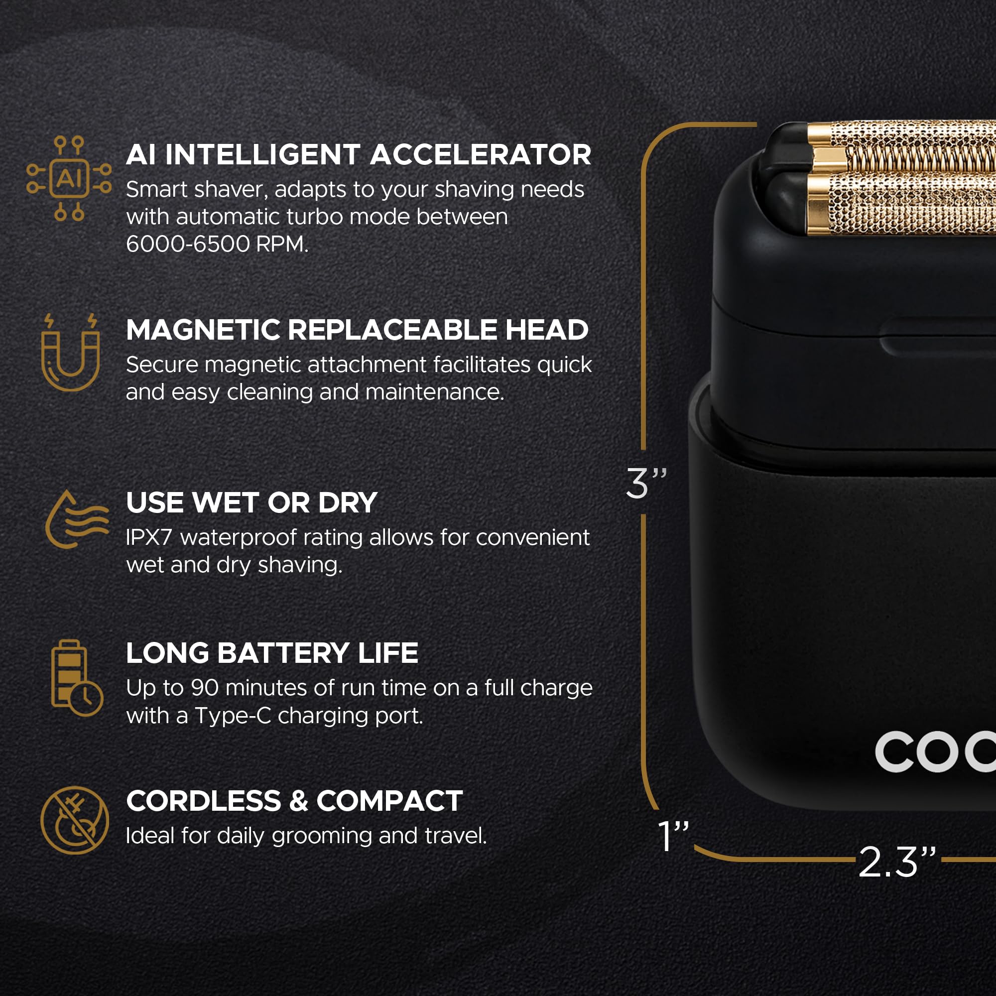 COCCO IMPACTO - Rasoio elettrico da uomo, tripla lamina d'oro, rasoio elettrico per uomini calvi, uso bagnato e asciutto, testina magnetica sostituibile, acceleratore intelligente, durata 90 minuti