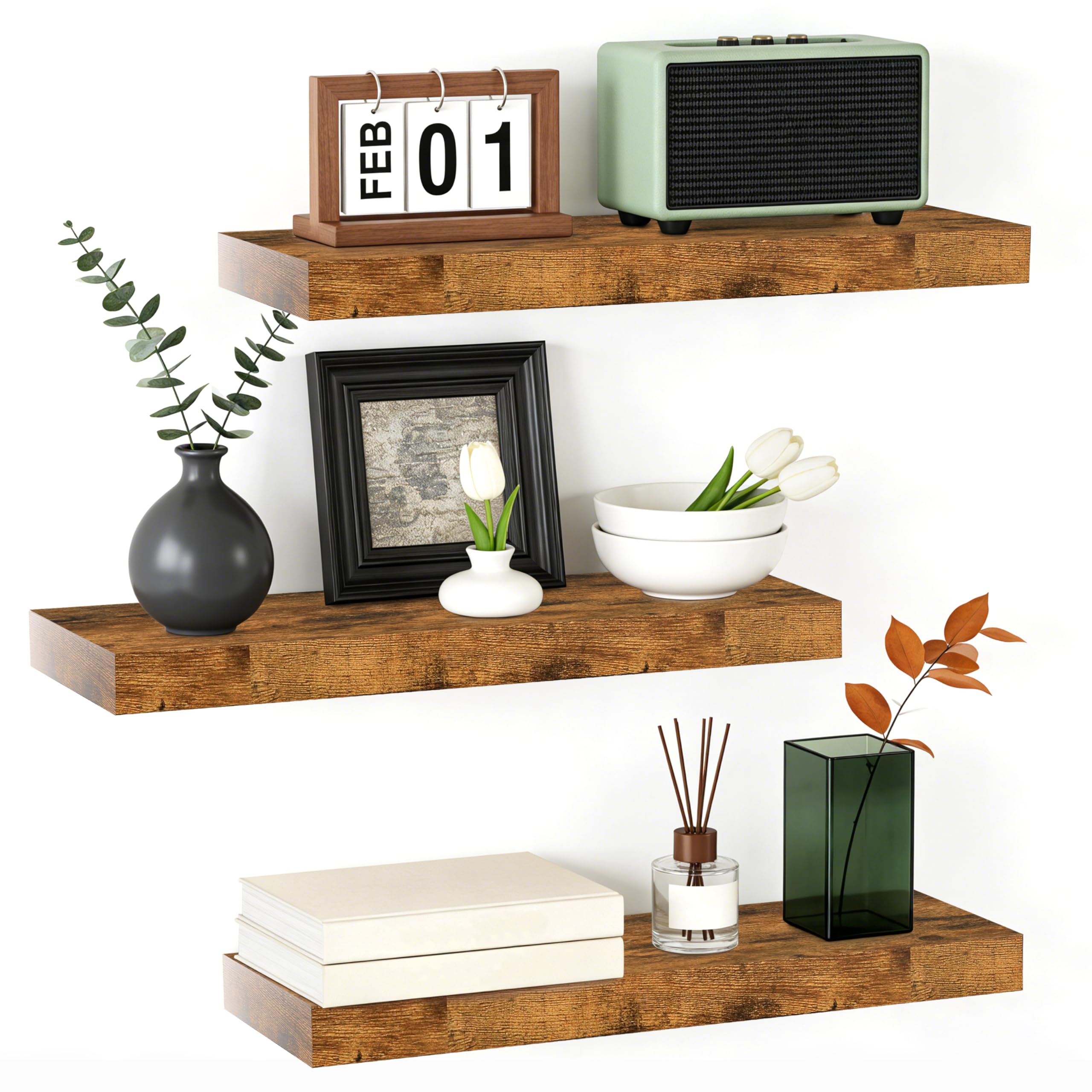 Floating Shelves for Wall, Wood Floating Shelves for Wall Decor, Paulownia Wood Wall Shelves, Photo Gallery Bookshelf Wall Shelves for Living Room Display, Bedroom, Office Storage,Set of 3 (Brown)