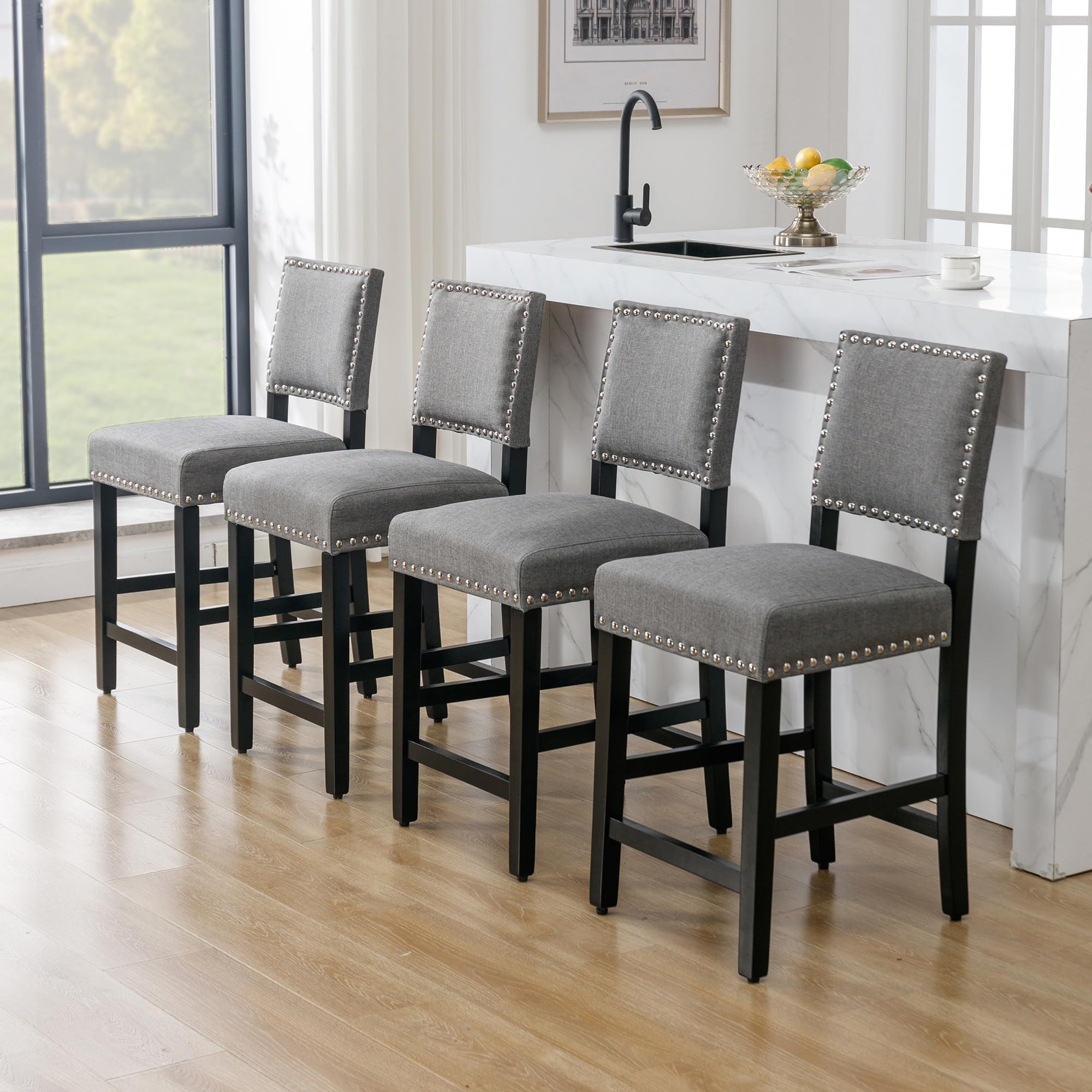 DAGONHIL 24 inch Bar Stools Set of 4, Counter Height Stools, Fabric Upholstered Barstools with Back and Wood Leg, Armless Dining Chairs with Silver Copper Nail for Kitchen Island Pub Living Room(Gray)