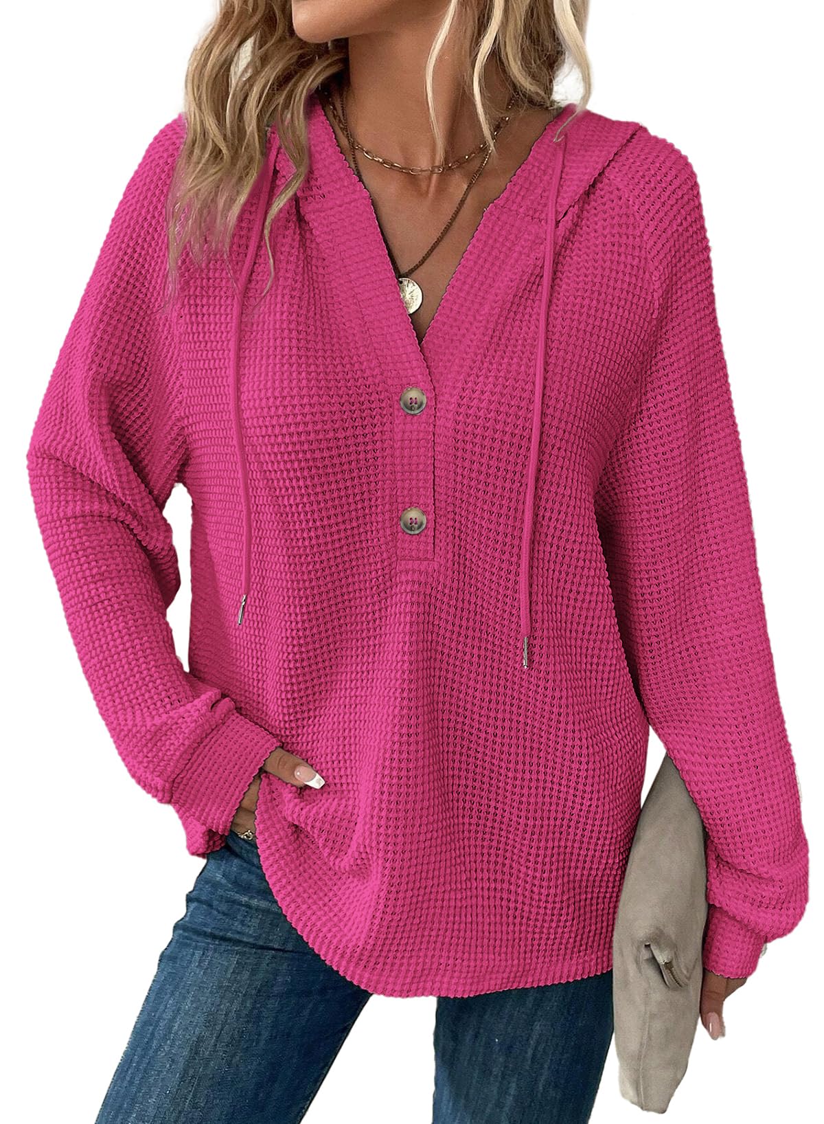 Dokotoo Hoodies for Women Waffle Knit Button V Neck Casual Sweatshirt Tops