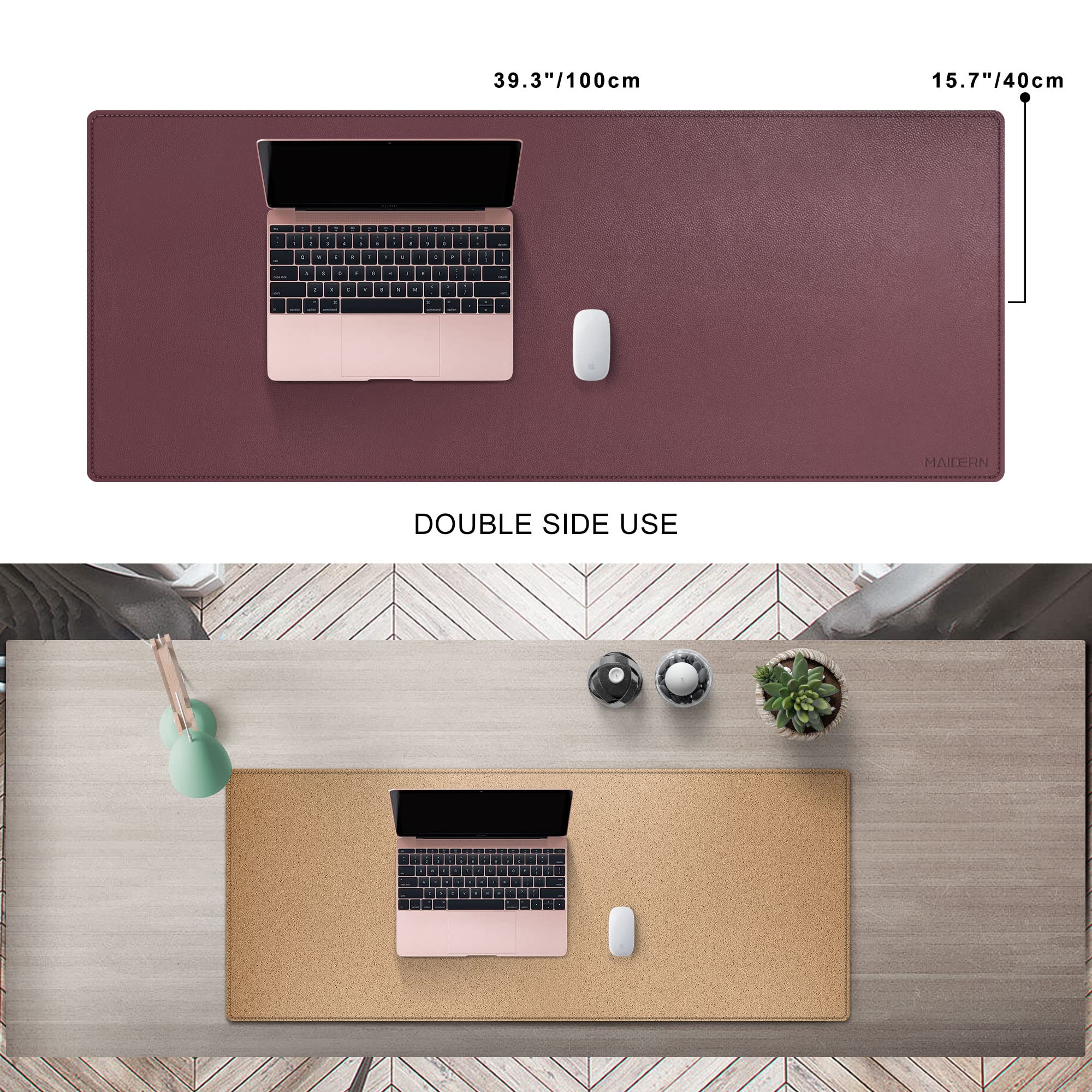 MAIDERN Tappetino Scrivania pelle in Sughero,100x40cm sottomano scrivania bifacciale,Tappetino per Mouse impermeabile e antiscivolo ，per Casa/Ufficio(Rosso vino)