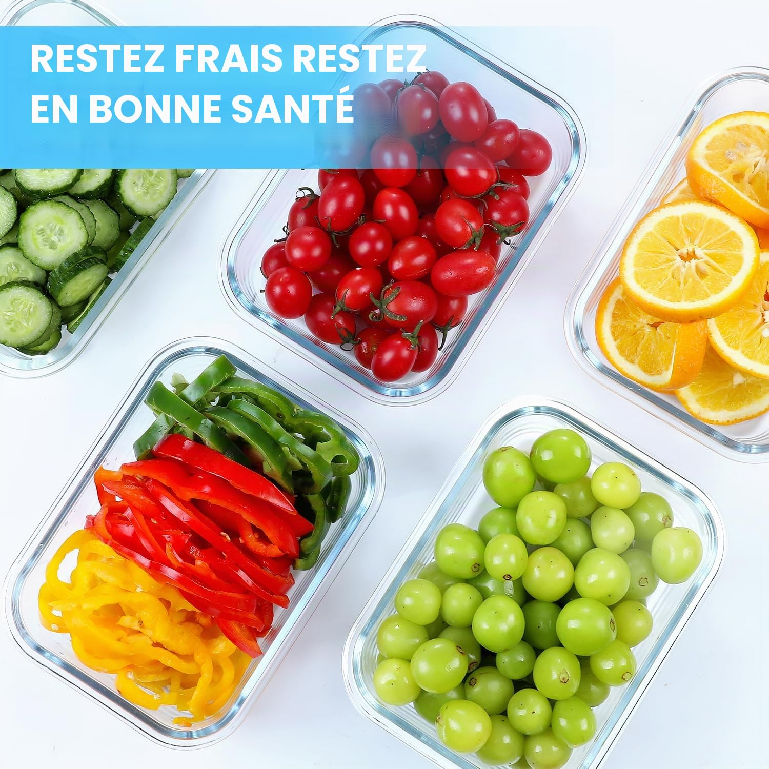VERONES Lot de 5 récipients hermétiques en verre de 36oz pour la préparation des repas, boîtes à déjeuner en verre avec couvercles, pour micro-ondes, four, congélateur
