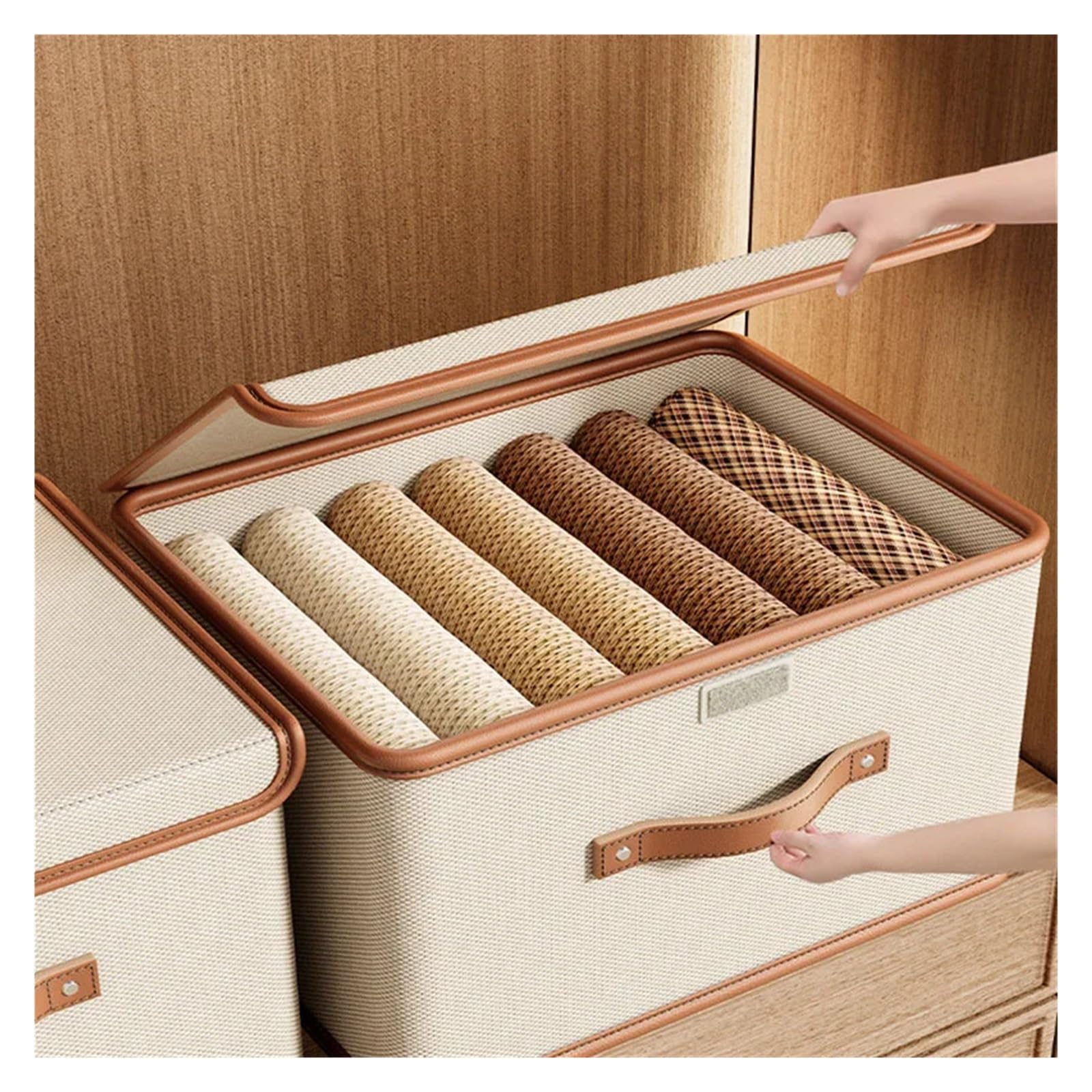 scatola di stoccaggio pieghevole Grande contenitore portaoggetti con coperchio integrato in tessuto Oxford, cestino for la camera da letto in tessuto(Rice white 37x27x26)