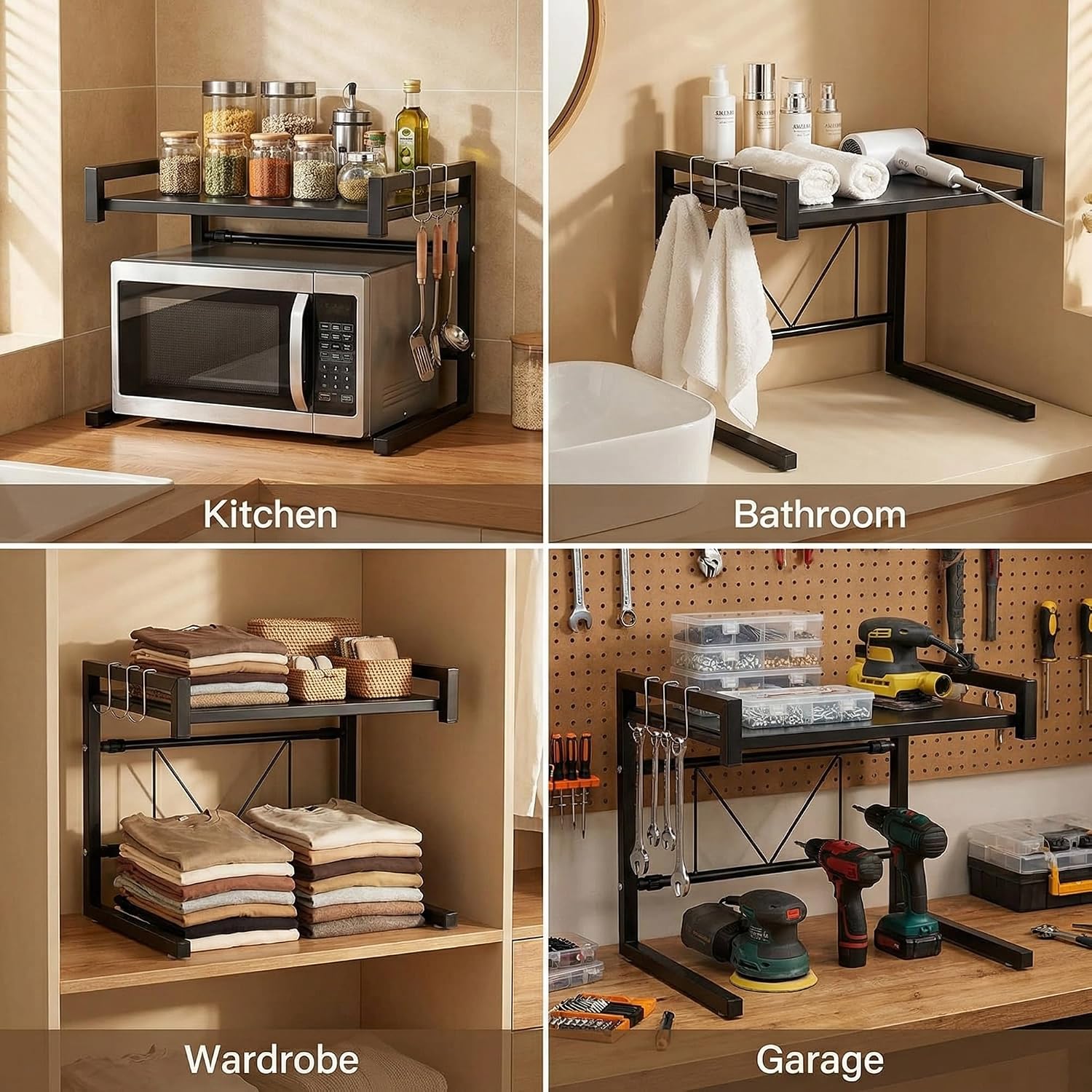 PUSDON Adjustable Carbon Steel Microwave Oven Rack, 2-Tier with 3 Hooks, 55lbs Weight Capacity, Black image 5