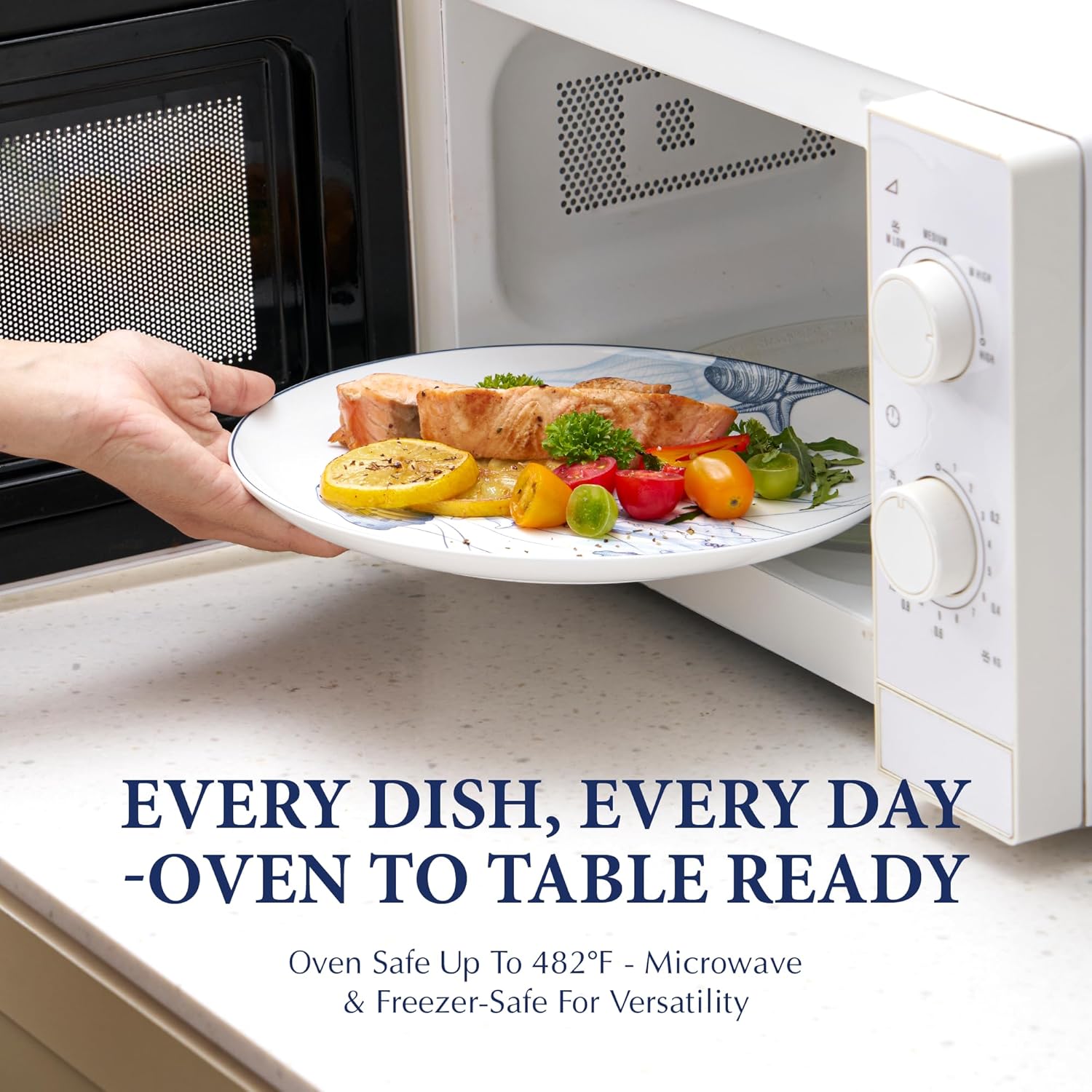 Minh Long 12-PCS Porcelain Coastal Dinnerware Set, Plates, Bowls, Service for 4, Chip & Scratch Resistant, Oven Safe up to 482°F, Non toxic, Lead & Cadmium Free, Stackable, Dishwasher & Microwave Safe