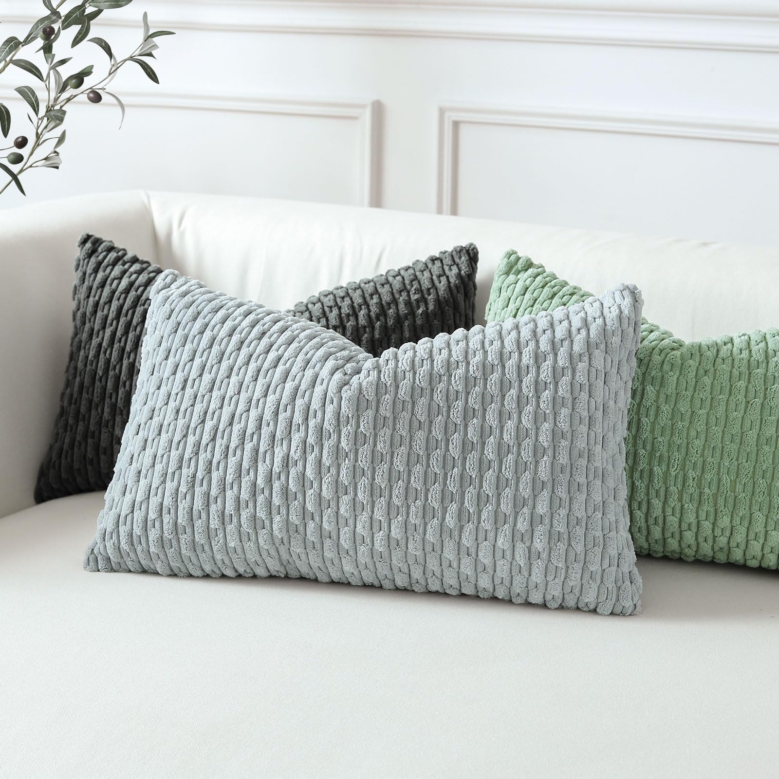 Sungeek Set of 2 Light Grey Soft Corduroy Decorative Cushion Covers Boho Striped Throw Pillow Covers for Sofa Couch Living Room Patio Farmhouse Home Decor Pillowcases 30x50cm - Image 2