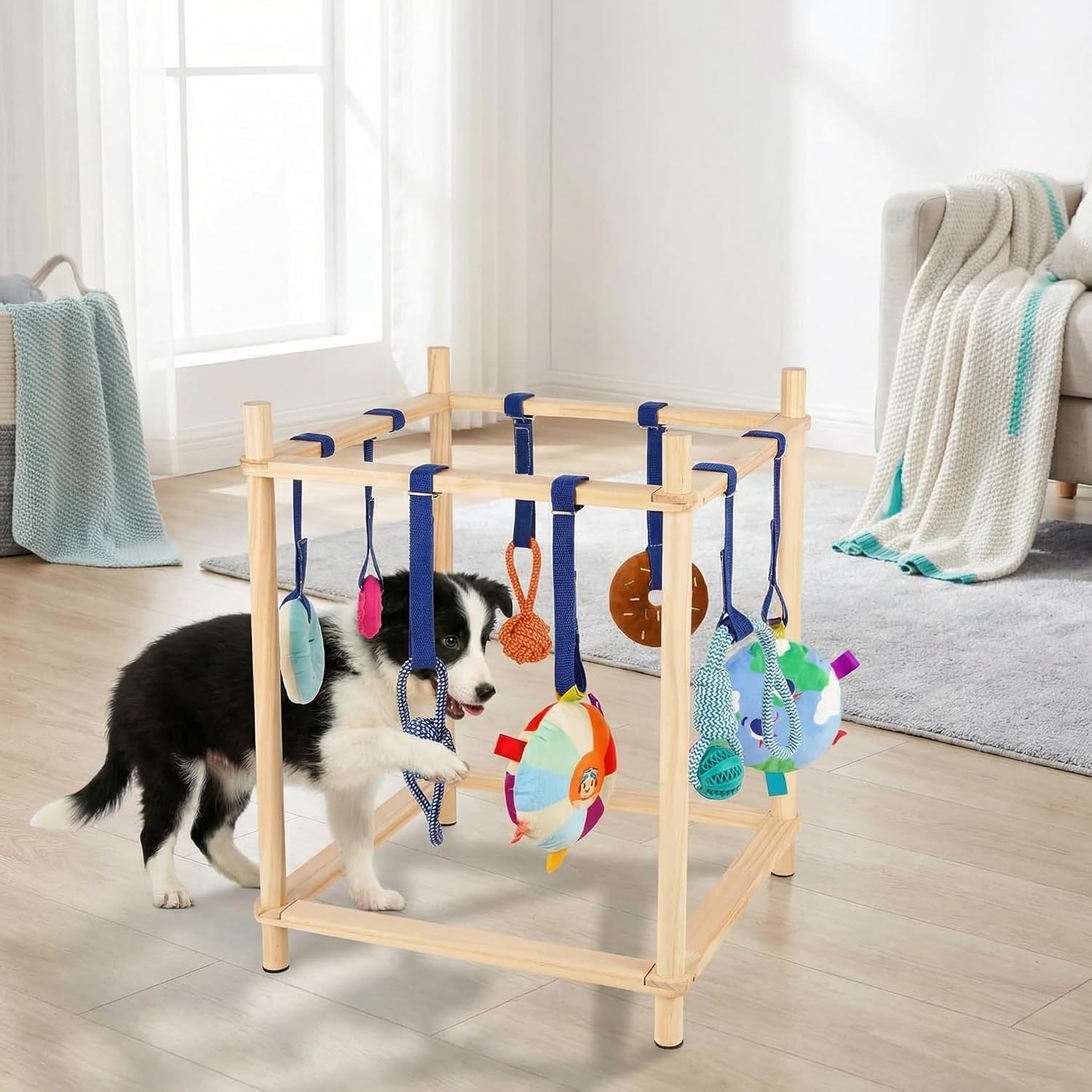 2 Pack Puppy Play Gym with 8 Hanging Toys, Small Dogs Indoor Jungle Gym, PVC Frame with Bungee Straps Enrichment Activity Center