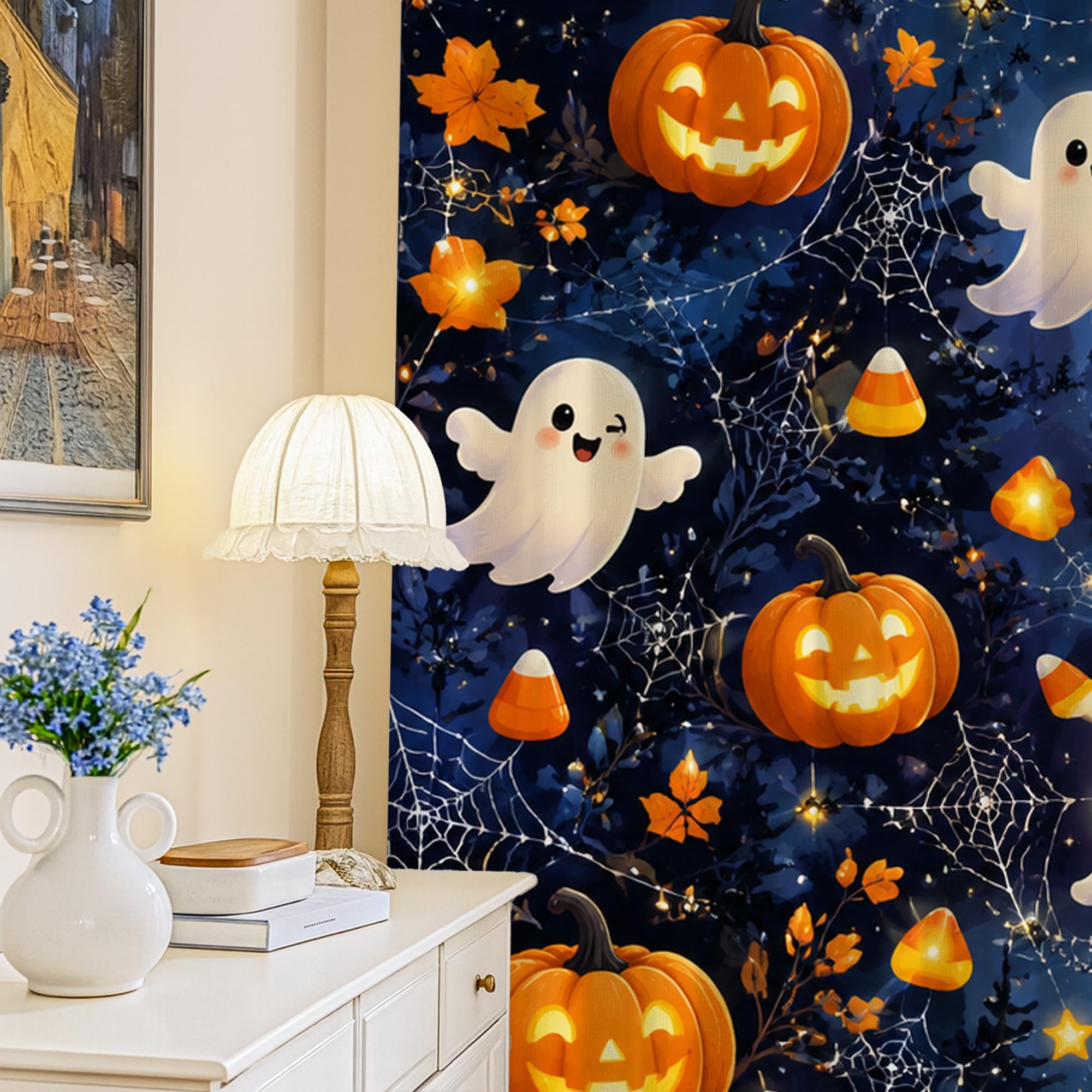 Rideaux occultants Halloween au design fantaisiste de citrouilles et bonbons maïs