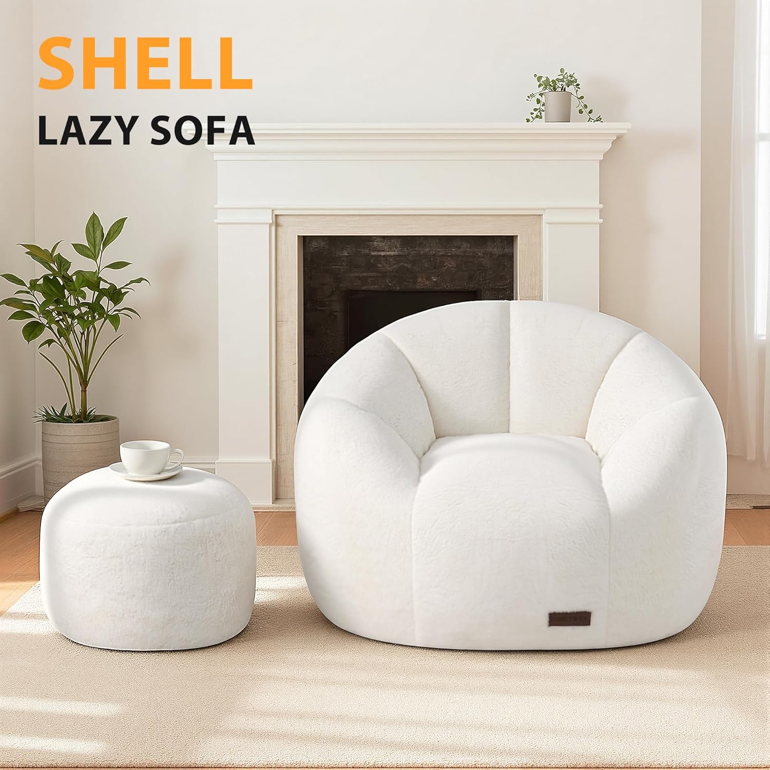 HABUTWAY Bean Bag Chair, Oversized Shell-Shaped Bean Bag Couch with Ottoman, Giant Beanbag Chair for Adults and Kids, Comfy Bean Bag Sofa & Footstool, Large Floor Sofa for Living Room Bedroom, Beige