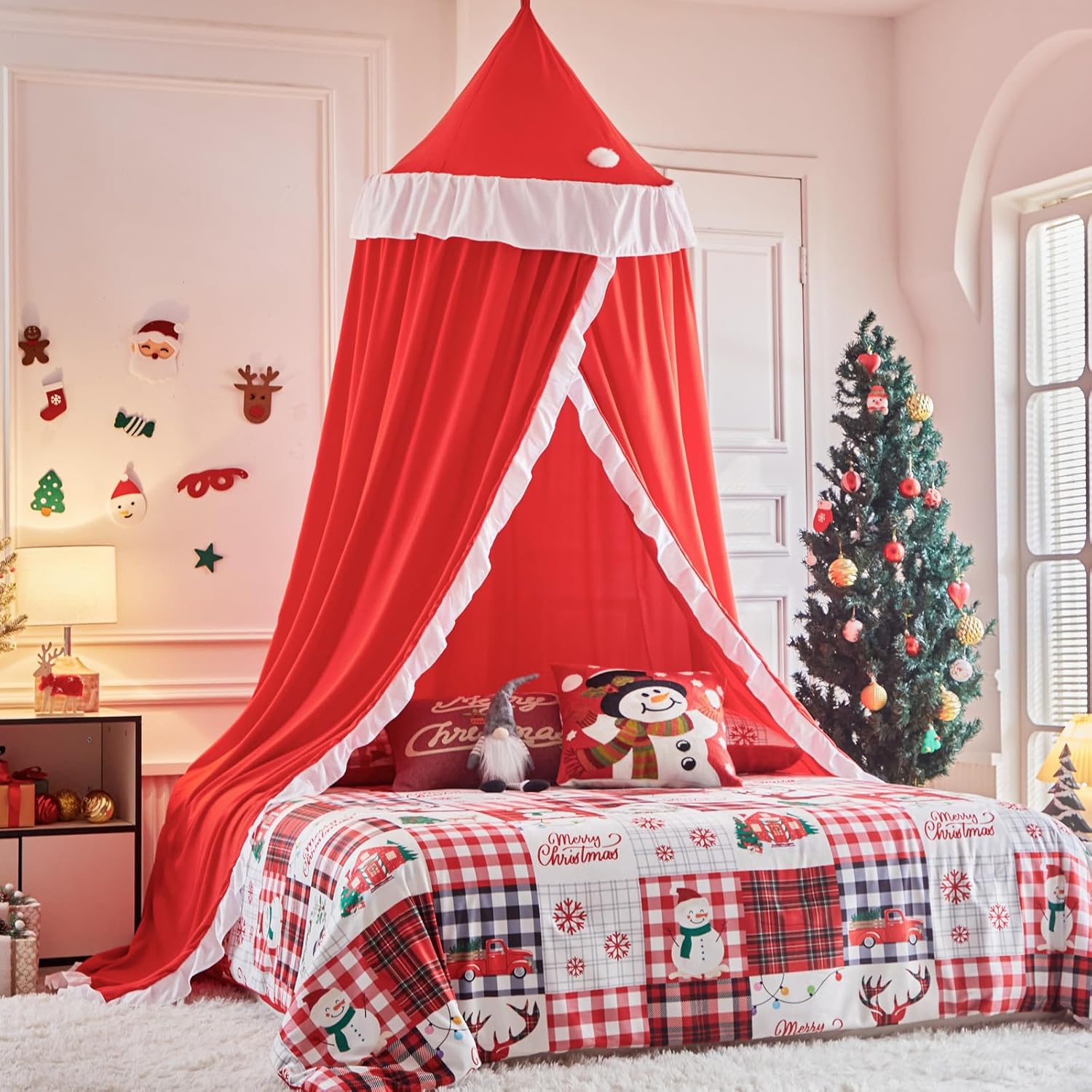 AIKASY Red Princess Bed Canopy for Girls & Adults, Elegant Double-Layer Bed Curtain, Dream Round Mosquito Net - Fits Twin, Full, Queen, and King Beds