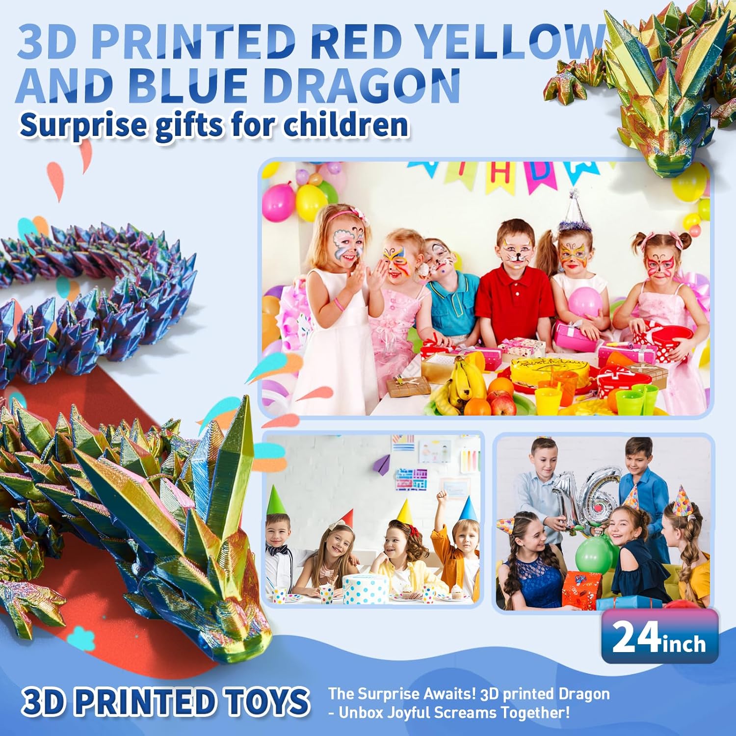 Large 3D Printed Dragon,24 Inch 3D Dragon Toys,Bigger Fidget Crystal Animals Toys, 3D Printed Articulated Animals for Home Office Car Desk Decor (Red Gold Blue, 24 inch) - Image 5