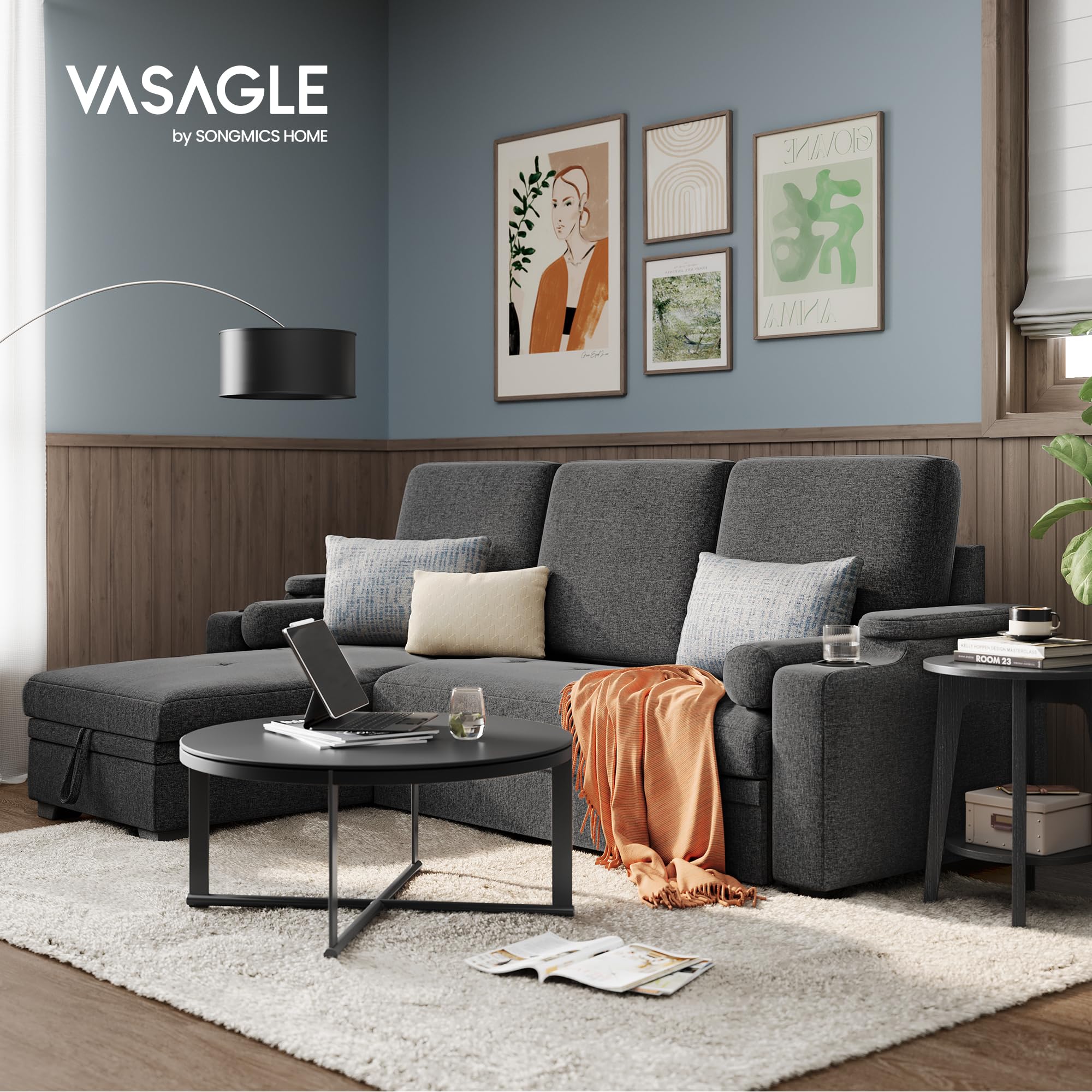 VASAGLE, canapé lit avec Espace de Rangement, Meubles rembourrés, Housse en Coton et Lin, Porte-gobelet, Moderne, Chambre d'amis, Gris LCS801G01, Bois, 226 x 142 x 89 cm (L x B x H)