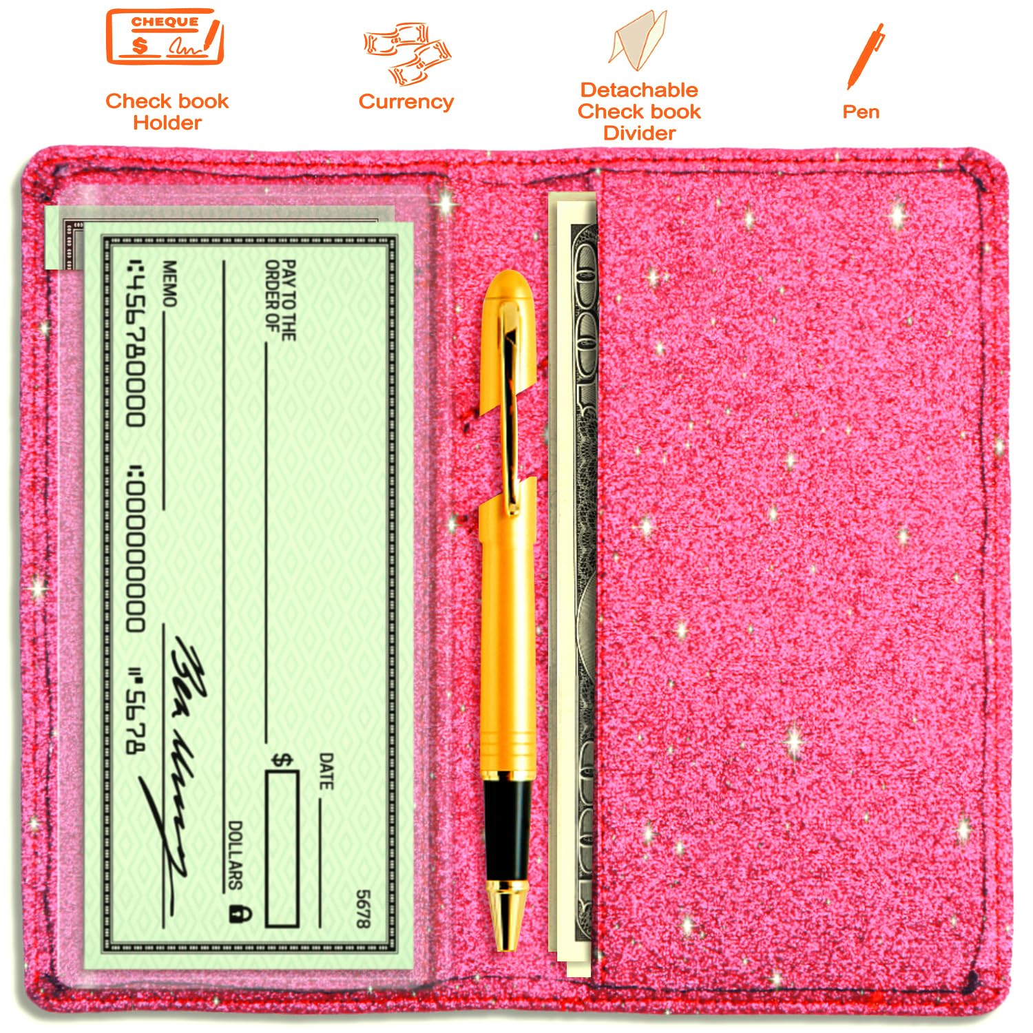 Sanlykate Glitter Checkbook Cover for Girl Women, RFID Blocking PU Leather Standard Register Check Book Case With Pen Inserts & Free Divider, Black: Rose Red Simple Style