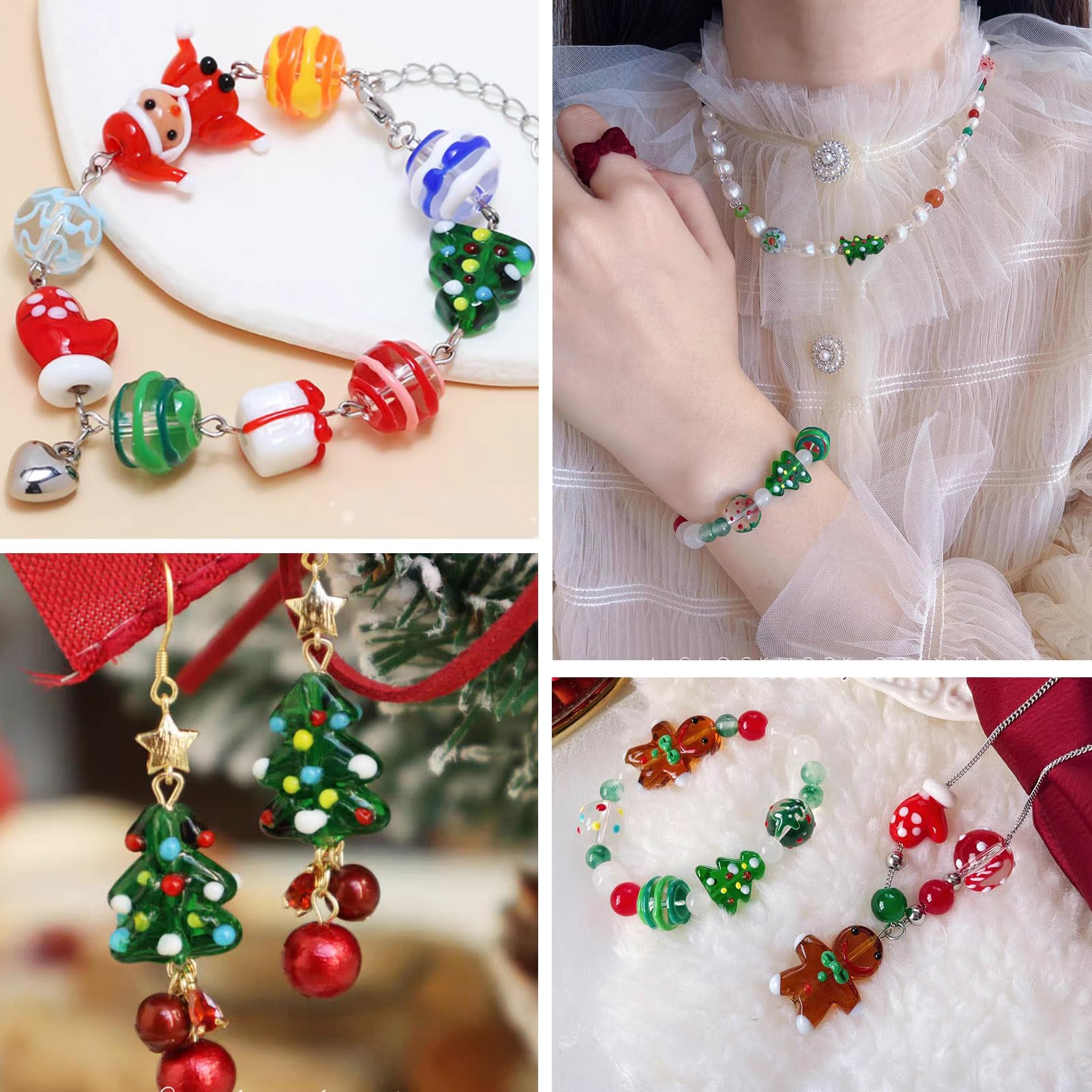 Perles De Verre Lampwork Tête De Bonhomme De Neige - Lot De 5 Pièces - Fait Main - Blanc