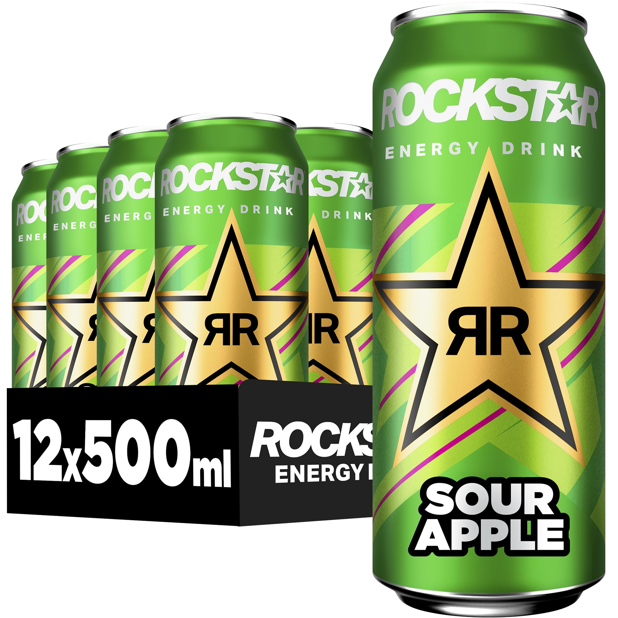 Rockstar Energy Drink Sour Apple Geschmack - Saures, koffeinhaltiges Erfrischungsgetränk für den Energie Kick, EINWEG (12 x 500ml) (Verpackungsdesign kann abweichen)