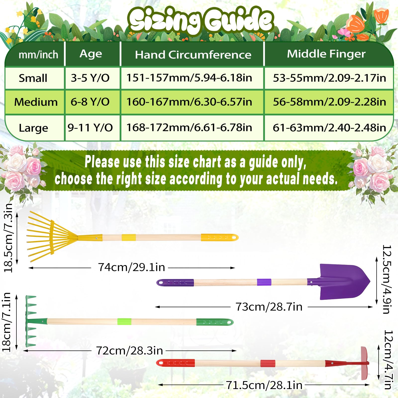 Kids Gardening Tools Garden Gloves Kits Children Detachable Yard Work Equipments Metal Shovel Rake Hoe Leaf Rake Toy Gifts (Small (Age 3-5))