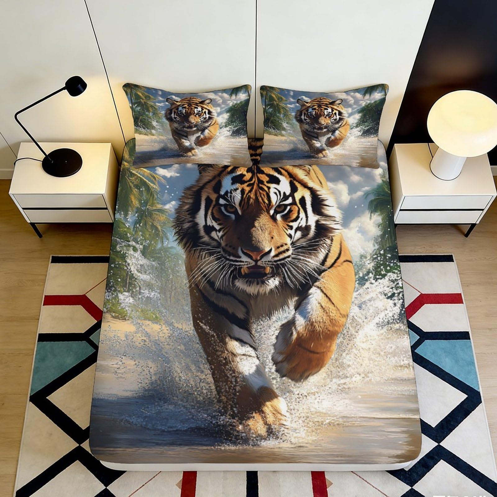 3D Printed Wild Tiger Fitted Sheet Microfiber Soft Breathable Jungle Splash Bed Cover for Bedroom Guestroom Decor 160x200x25cm