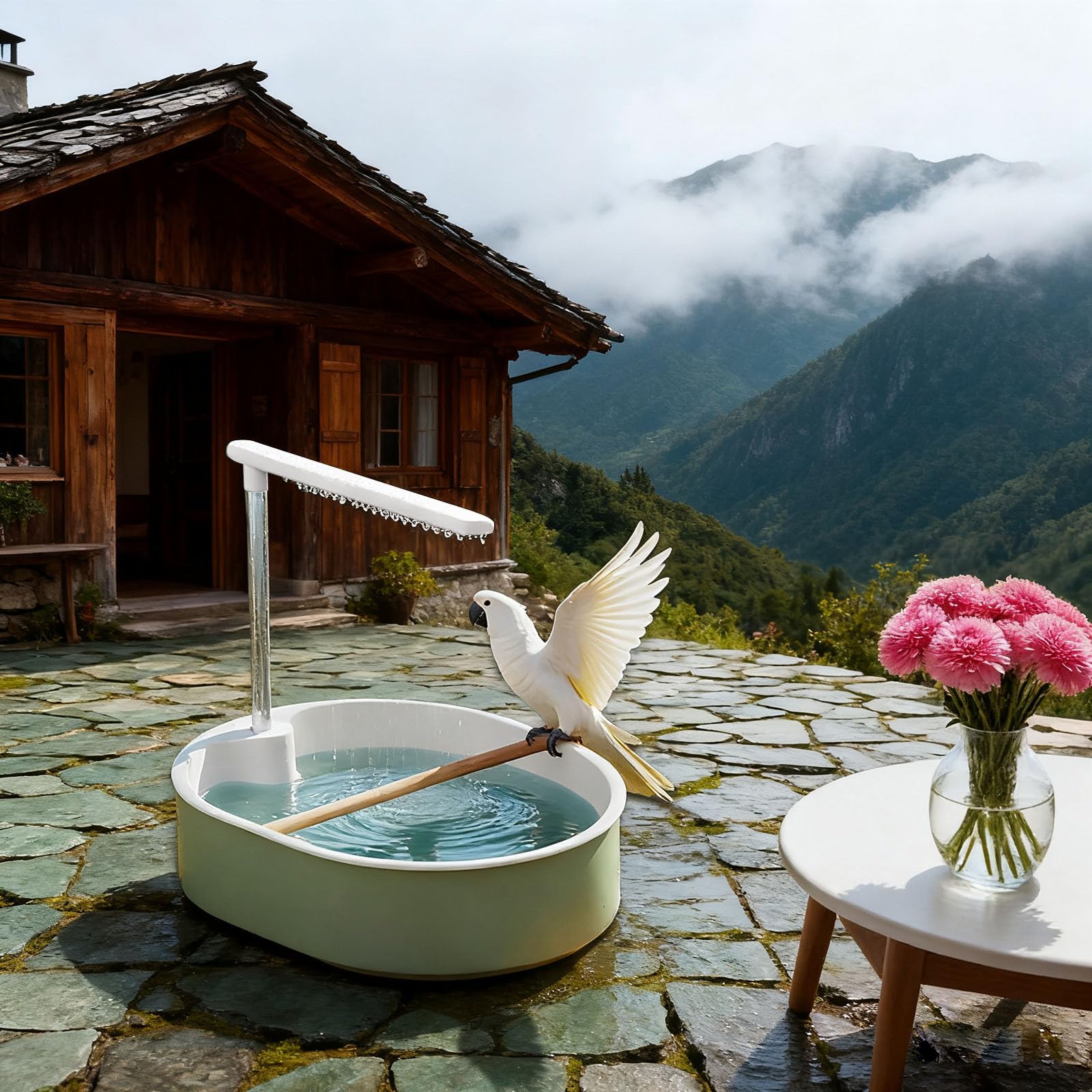 Baños automáticos para pájaros, Ducha para pájaros en Jaula, Ducha para Loros con Flujo de Agua Ajustable, bañera con Ciclo de Agua para agapornis, cacatúas, pinzones (White)