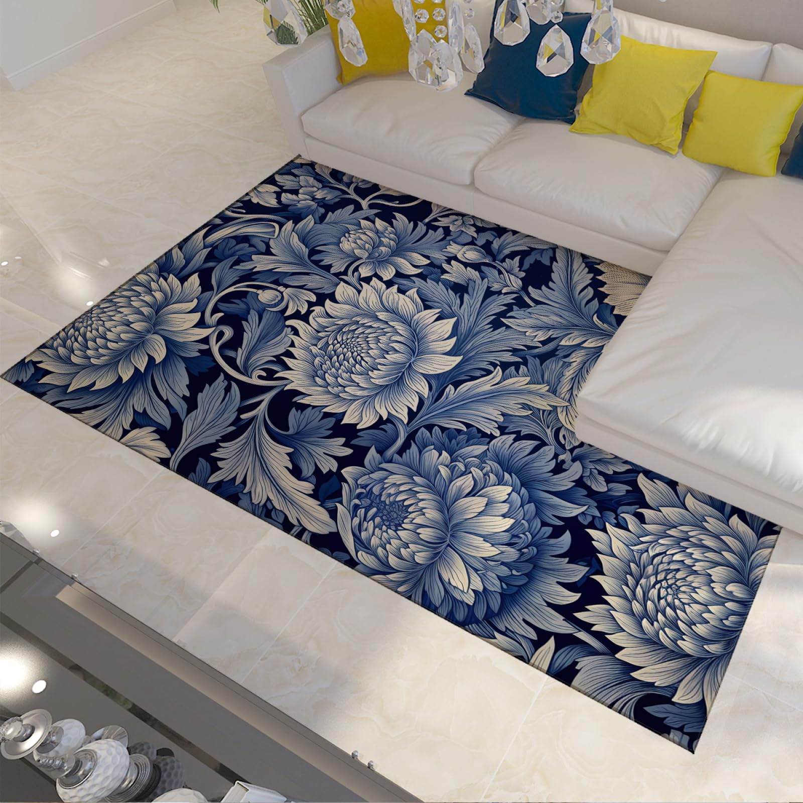 Tapis fleurs bleues grand tapis rétro pour habiller un long couloir vide