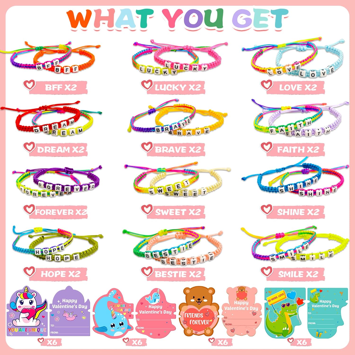 Valentines Day Cards for Kids School with Bracelets 24 Pack, Valentines Day Gifts for Kids Classroom with Friendship Bead Bracelets, Exchange Gift Valentine Party Favors for Kids Girls Boys - Image 2